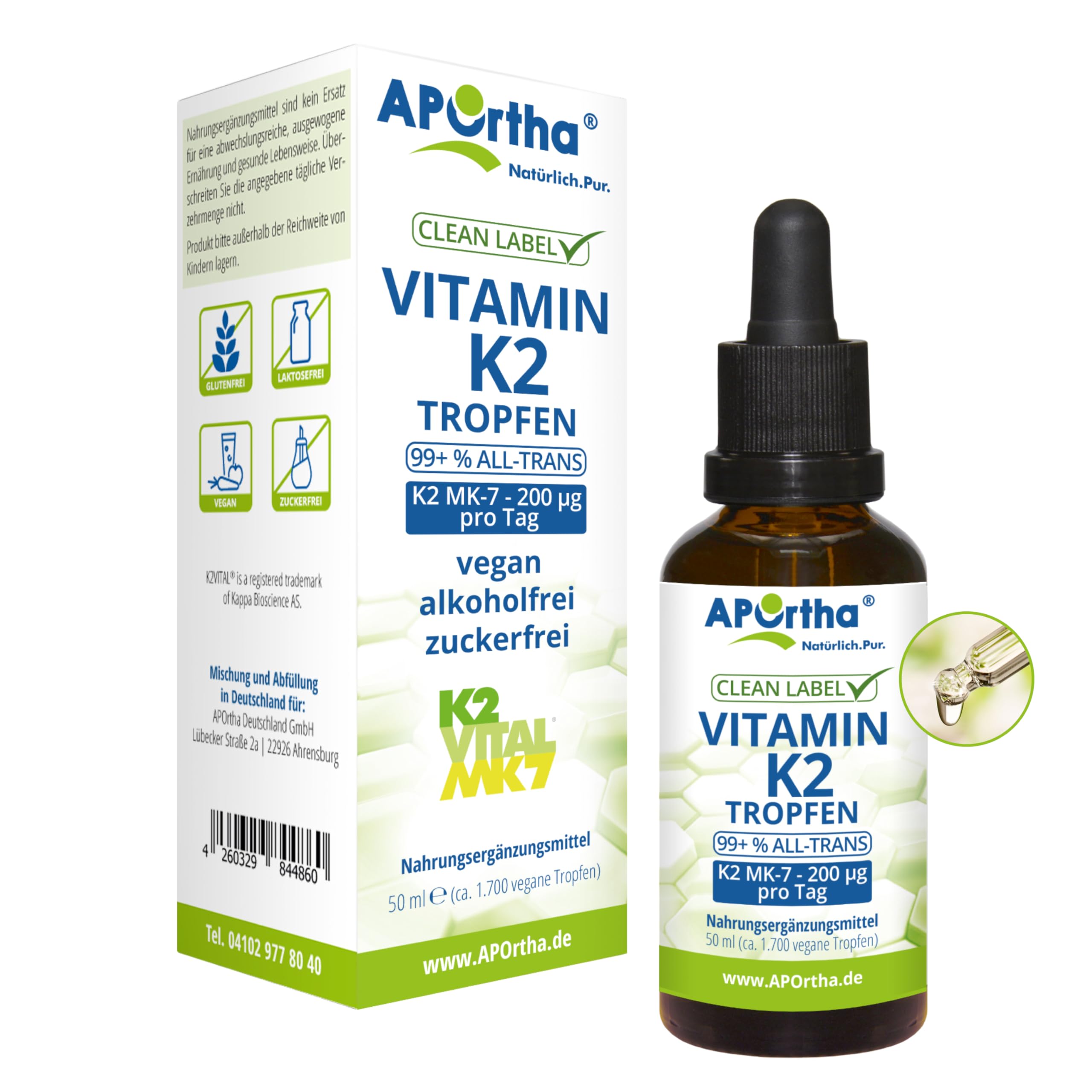 APOrtha® Vitamin K2 MK-7 Tropfen (K2VITAL®) 50 ml, 200 µg pro Tagesdoses von 10 Tropfen, ca 1.700 vegane K2-Tropfen 99+% ALL-Trans, hochdosiert, allergenfrei, alkoholfrei, zuckerfrei, glutenfrei