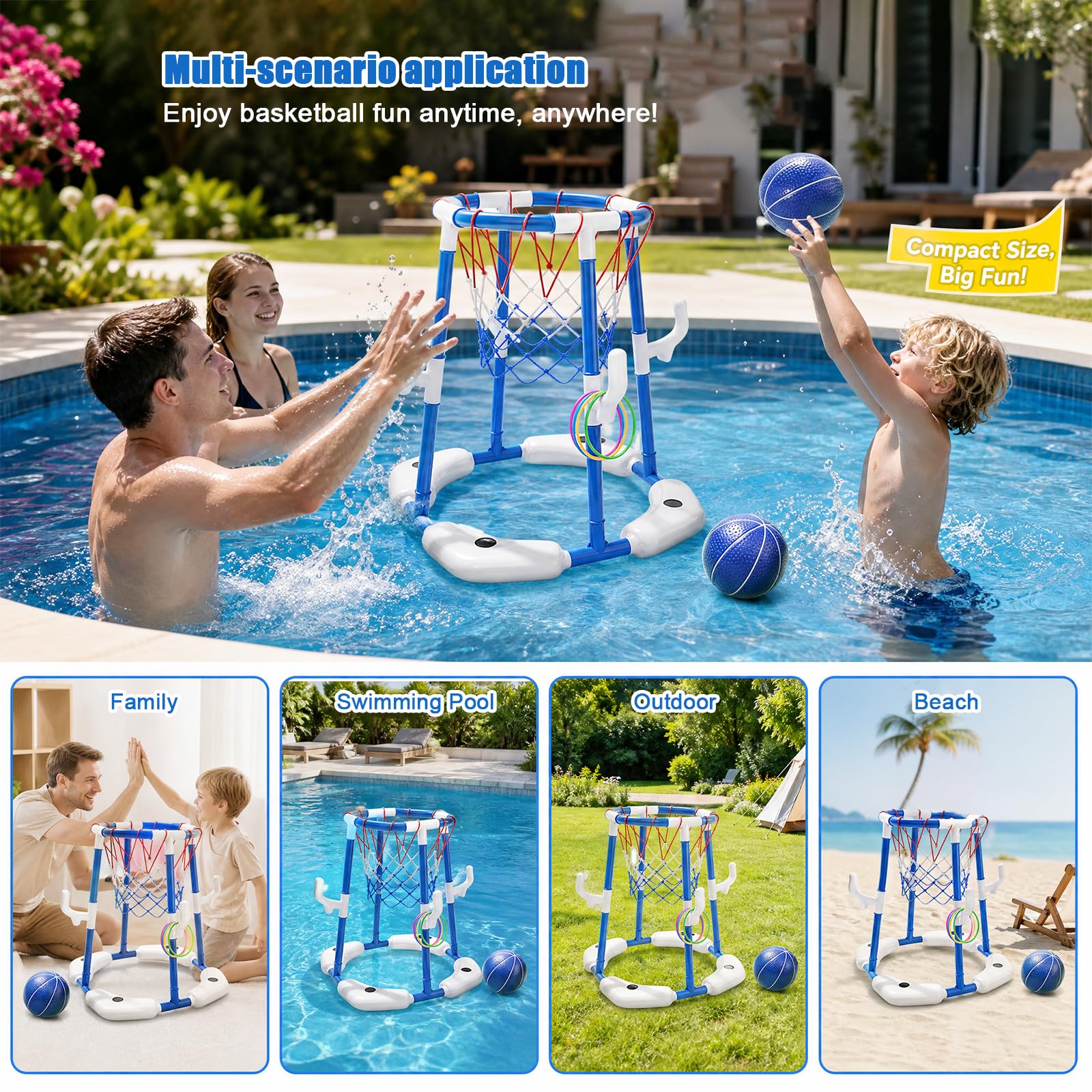 Cestino da basket gonfiabile per piscina con 4 grandi palline, pompa e adesivi, ideale per adulti per divertirsi in acqua