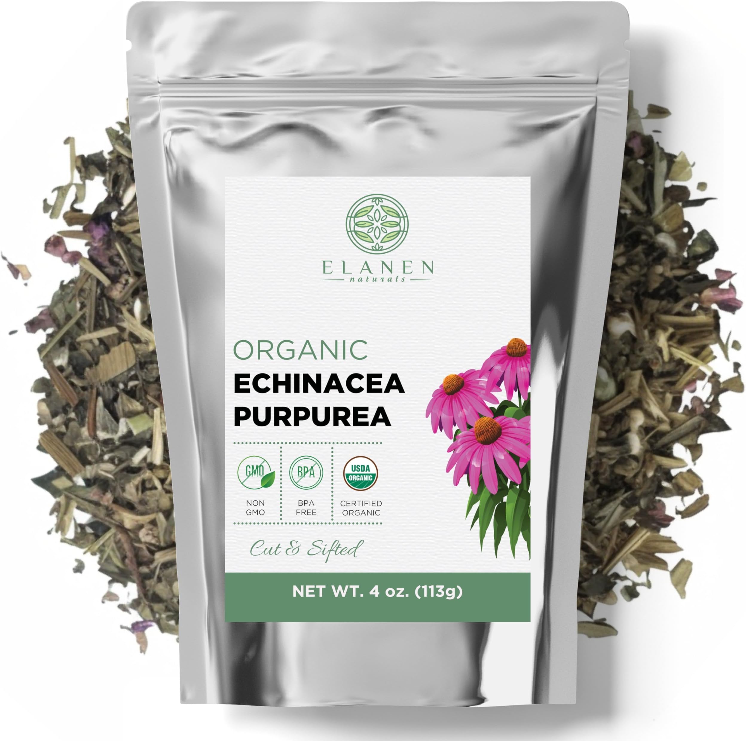 Organic Echinacea Purpurea 4 oz. (113g), USDA Certified Dried Echinacea Tea, Premium Quality Herb, Purple Coneflower, Cut & Sifted