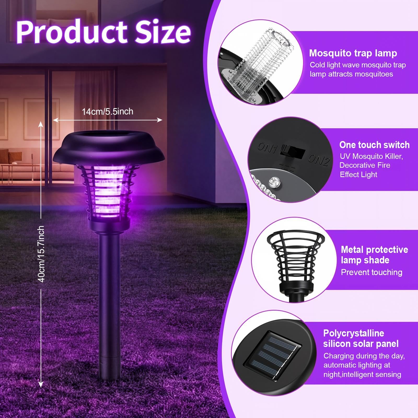 4 lampade a energia solare anti-insetti per esterni, impermeabili, repellenti per zanzare, luce solare per tarme, mosche, piccoli insetti volanti, cortile, giardino, prato (plastica, viola e luce