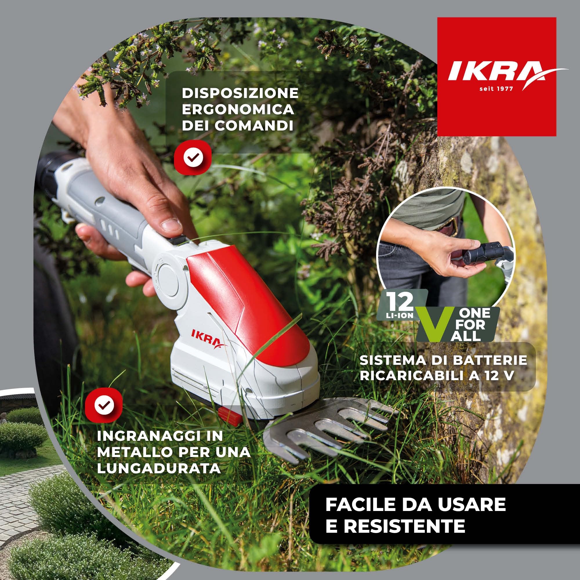 IKRA cesoie per erba e arbusti a batteria telescopiche IGBS 1210 F, incl. batteria 12V e caricabatteria, lame Made in Germany