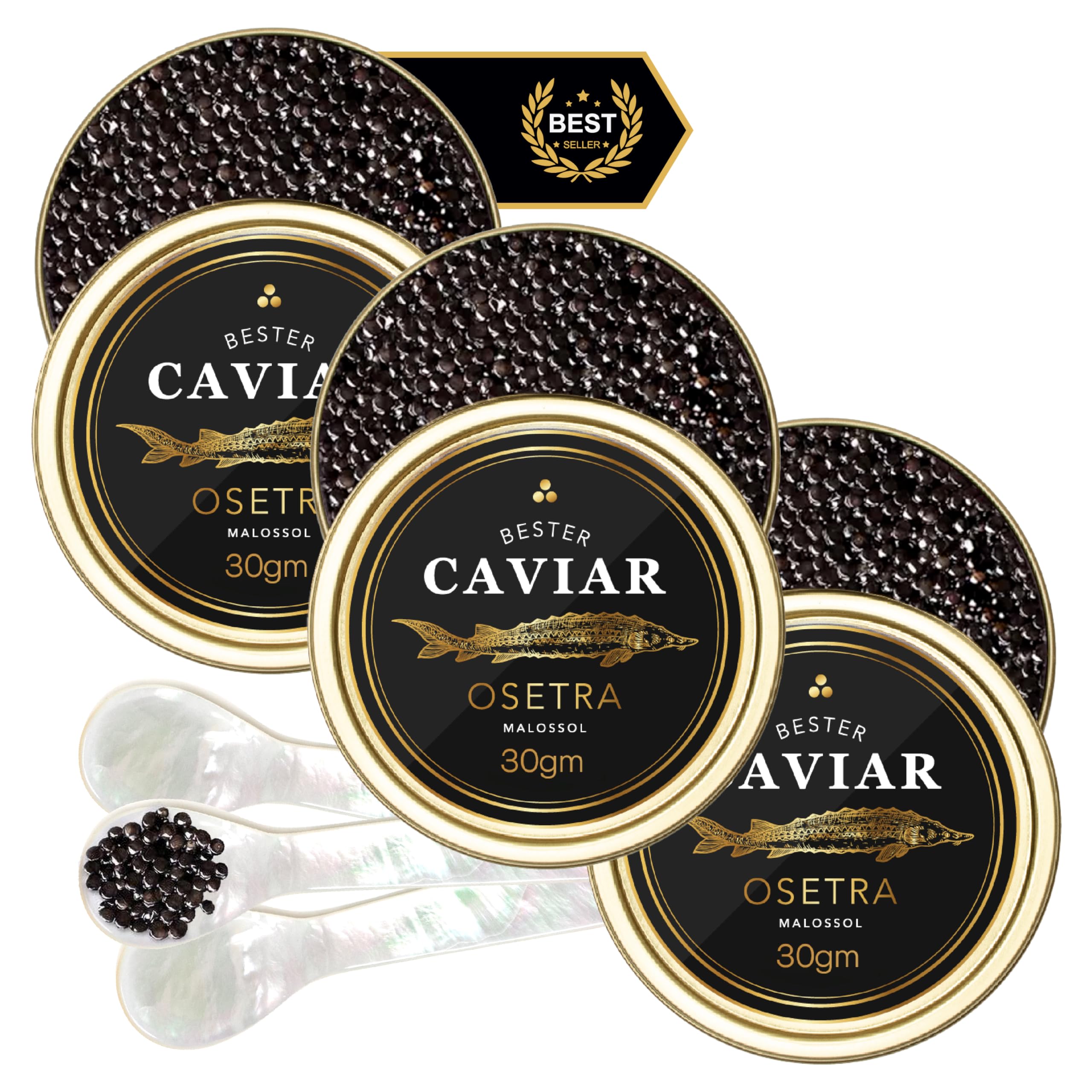 BESTER CAVIAR Premium Osetra Sturgeon Caviar – Traditionally Harvested Malossol Ossetra Black Roe with 3 Mother of Pearl Spoons – Trio Set – 3 Tins (1.06 oz Each)