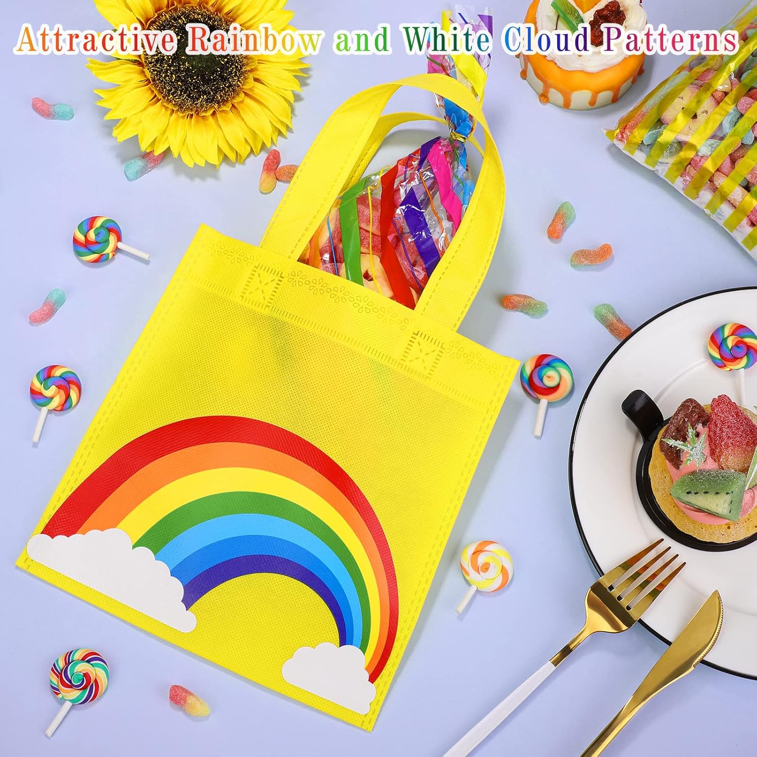 MIMIND 24 Pack Rainbow Non-woven Party Favor Bags 7.9×7.9 Inch Rainbow Gift Bag Reusable GoodieTreat Bags with Handles for Birthday Party - Image 4