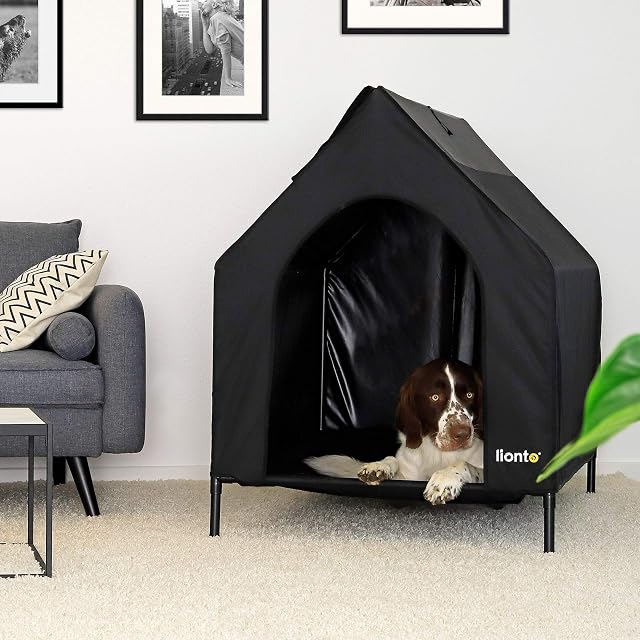 Foto 3 de 7 de lionto Cama para Perros Cubierta Cama elevada con Techo para Perros, (L) 130x85x113 cm Negro