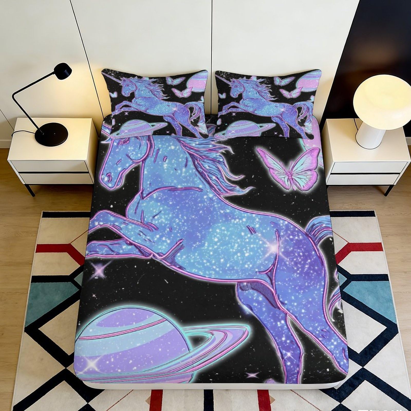 Kzqnxhjprl Style-10 3D Printed Purple Unicorn Galaxy Fitted Sheet Microfiber Soft Bed Cover Cosmic Space Mattress Decor For Bedroom 90X200x25cm
