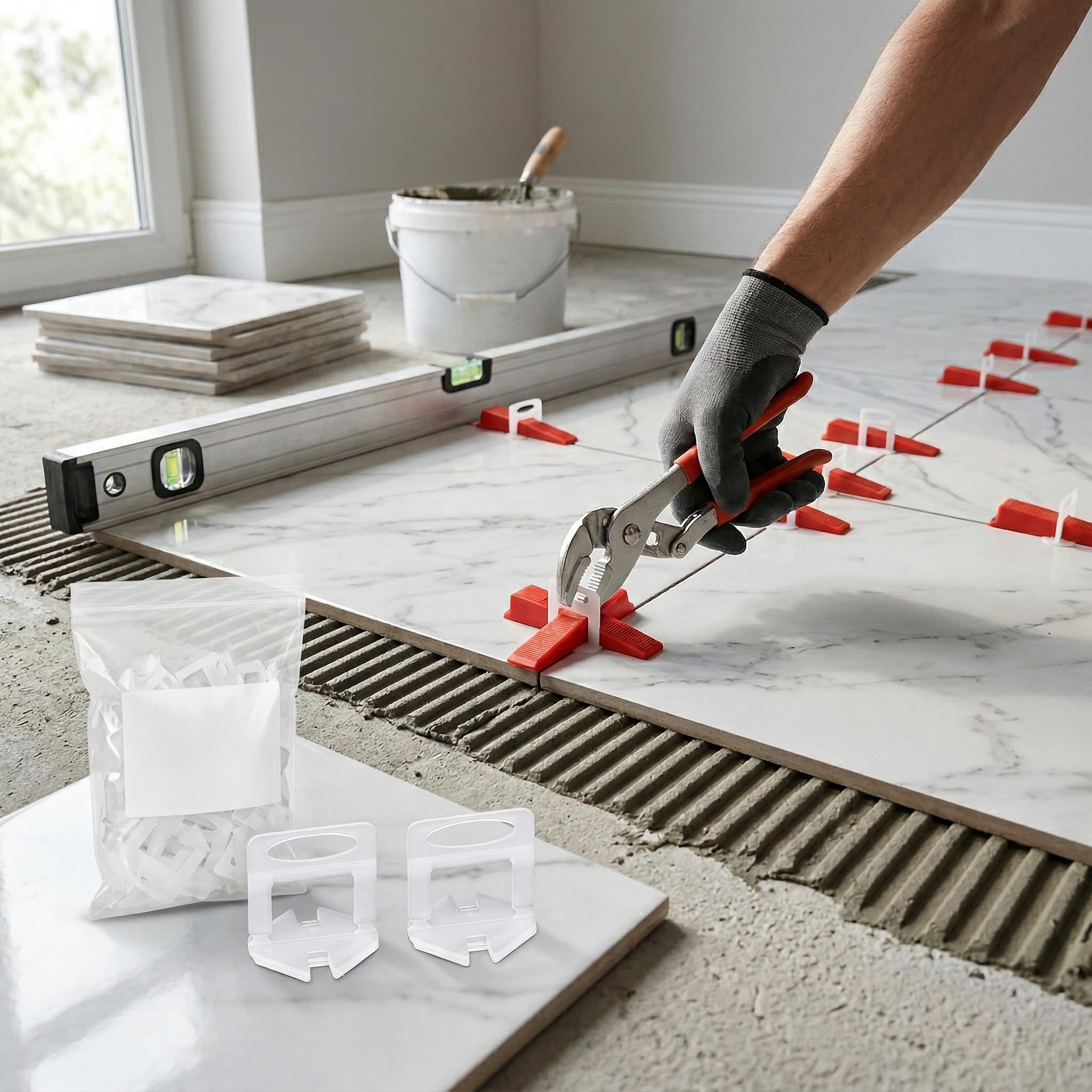Sistema di livellamento per Piastrelle 200 Pezzi con Clip in PVC per Piastrelle da 1.5mm - Accessori per Pavimenti e pareti - Facile da Usare per Una Finitura Perfetta