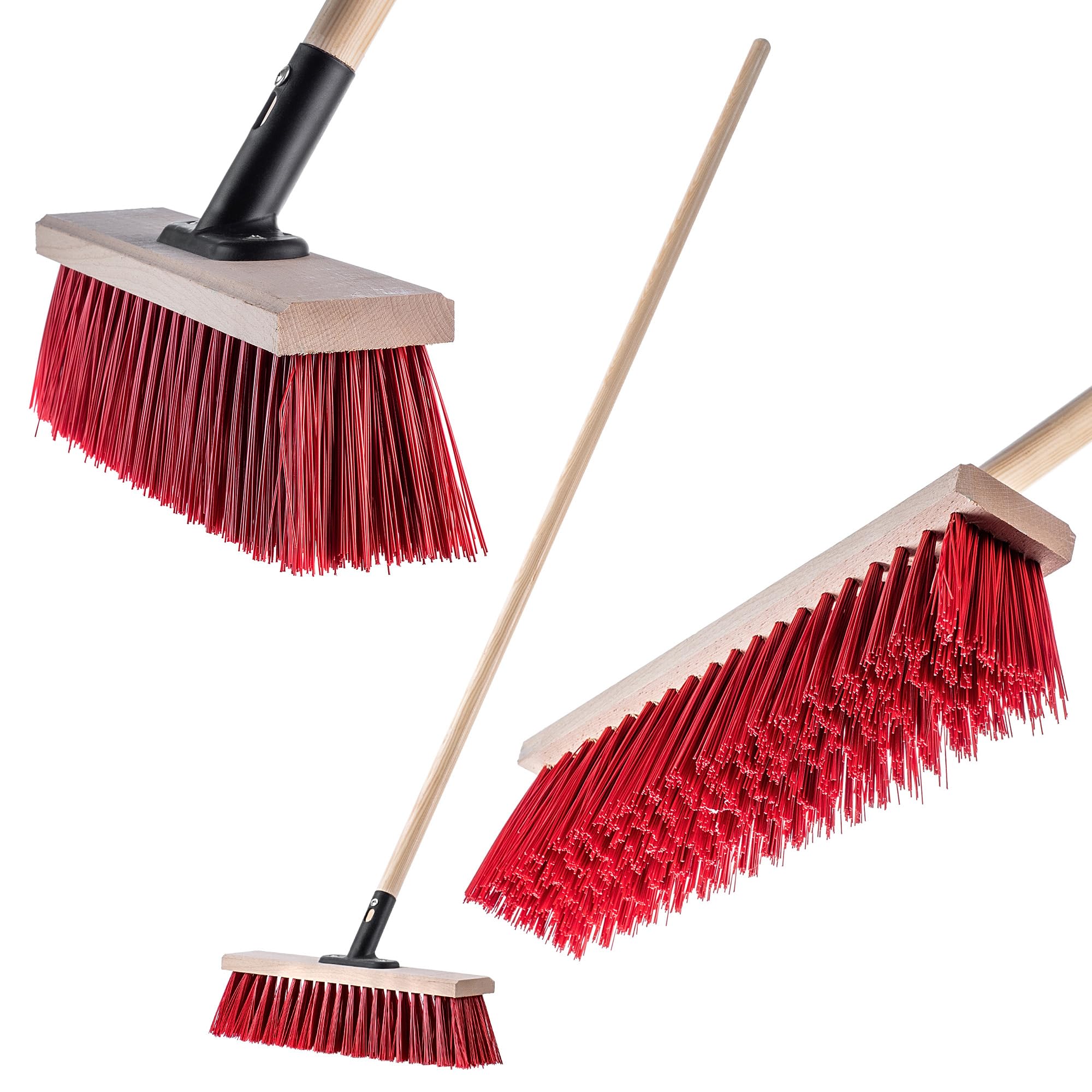 KADAX Barredora de limpieza con mango de madera, cabeza ancha y cepillos largos y rígidos, barredora exterior para barrido de entradas, bordillos y suelos de garaje (rojo, 40 cm)