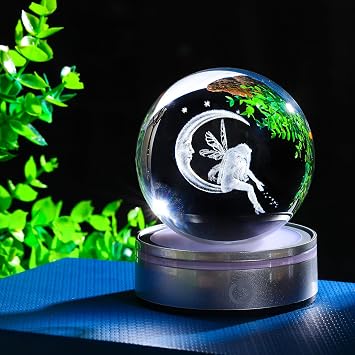 3D Crystal Ball Moon & Fairy Figurines Decor Gifts for Women Girls with Colorful LED Base, Laser Eatch Glass Fairy Statue Snow Globe Home Decor Crafts - 3.15/8CM