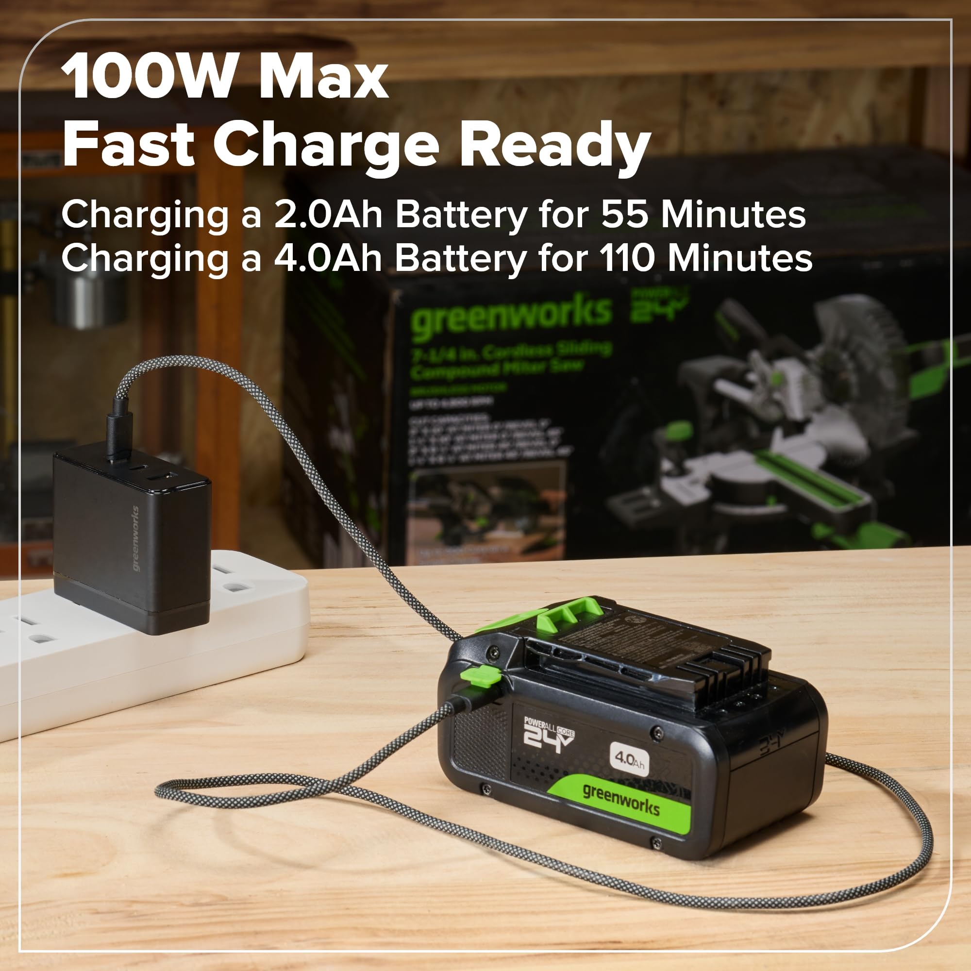 GREENWORKS 24V Set d'outils sans fil 4 pièces – Perceuse à percussion & Visseuse sans balai, Scie circulaire 6,5", Lampe LED, Batteries 4,0Ah + 2,0Ah (Powerbank 24.000 mAh), Chargeur rapide 65W