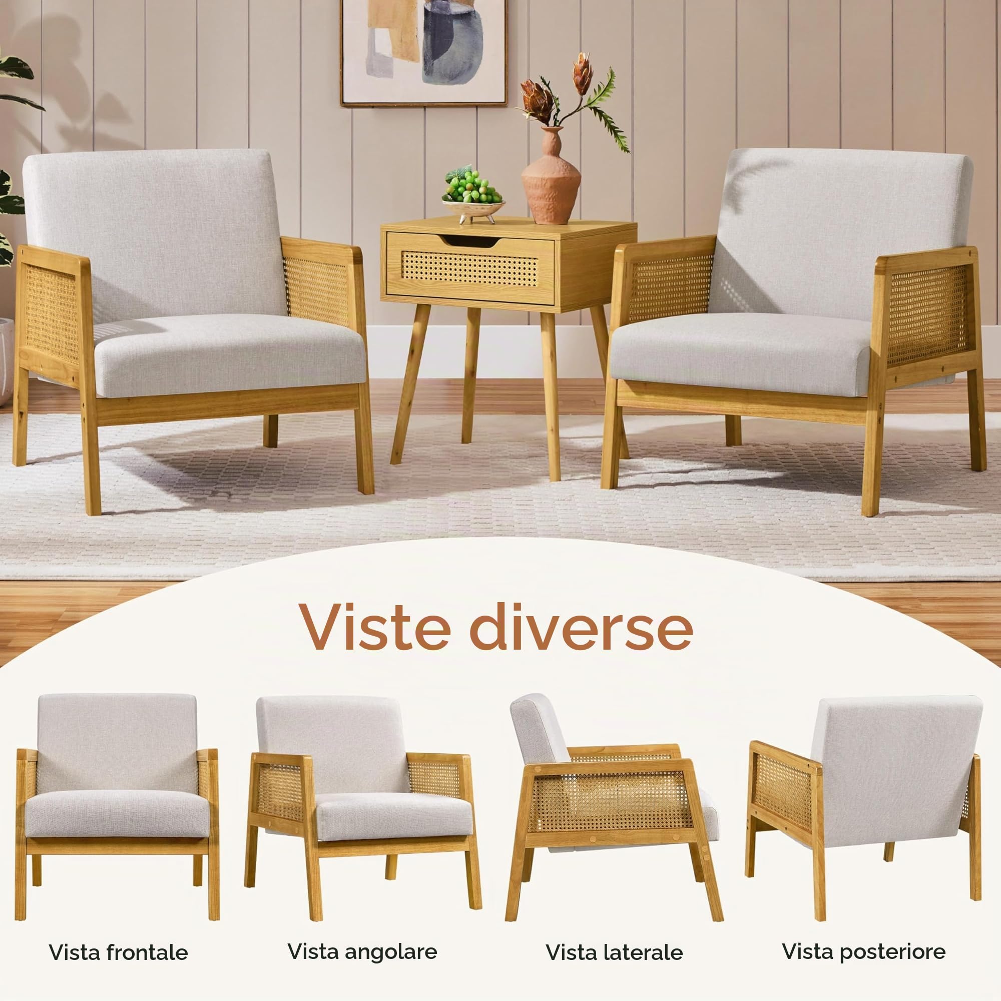 Yaheetech Poltrona da Salotto con Braccioli Poltrocina Struttura in Legno Poltrona Relax in Rattan Sedia con Cuscini Imbottiti Divano Singolo per Soggiorno Camere da Letto Sala Reception Lettura