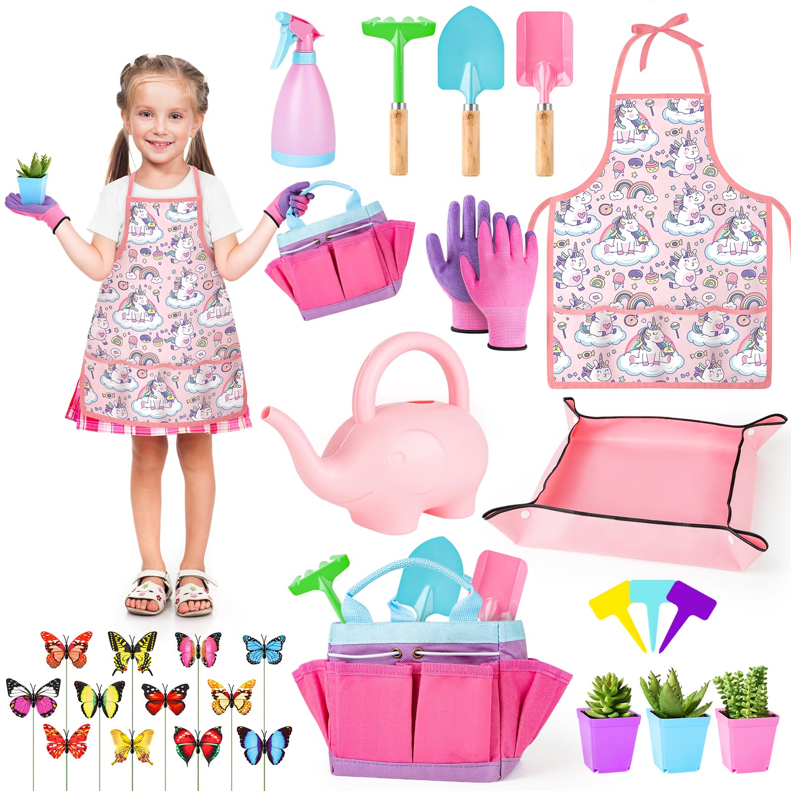 deAO Set di Attrezzi da Giardinaggio, per Bambini, inlcuso Pala Sicura, Rastrello,Forcella, Guanti, Grembiule, Annaffiatoio e Borsa in Tela, Kit per Il Giardinaggio Adatto a Ragazzi e Ragazze, Rosa