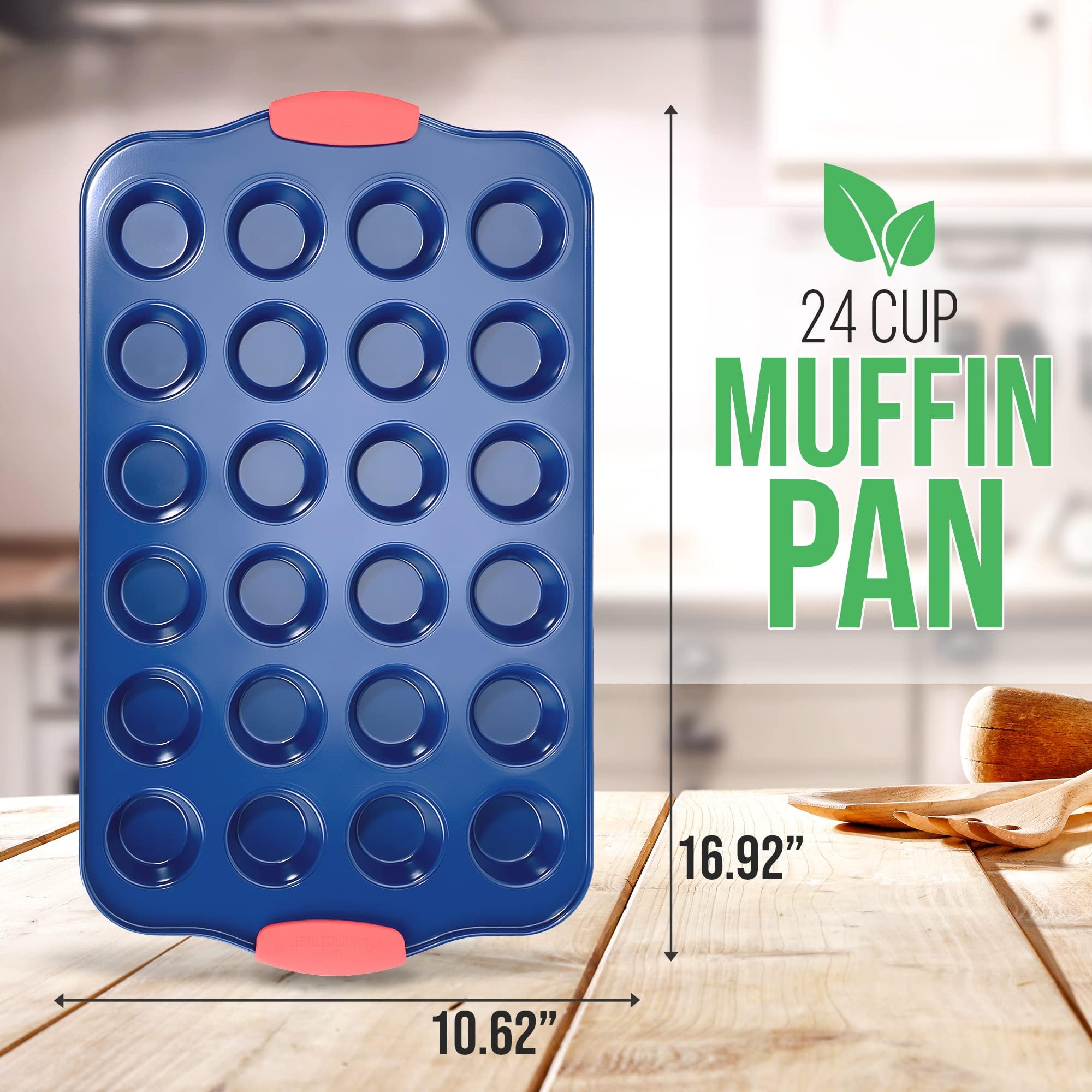 NutriChef Backform für 24 Muffins, antihaftbeschichtet, Deluxe-blaue Karbonstahl-Backform mit roten Silikongriffen, kommerzielle Qualität, Restaurantqualität, Metall-Backformen, kompatibel mit Modell