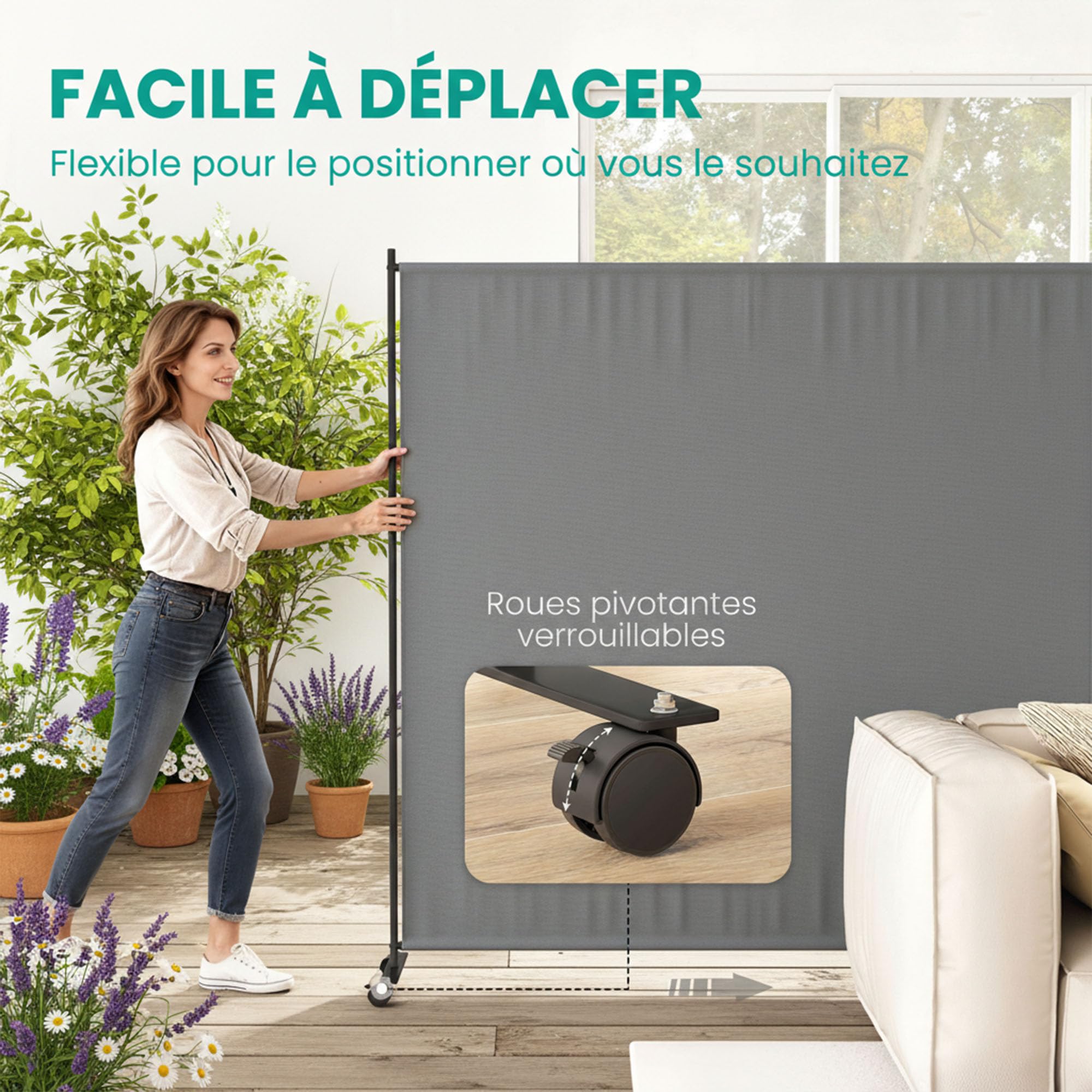 Outsunny Panneau Brise-Vue Extérieur sur roulettes 183x30x181 cm Gris | Opaque, Autoportant, Paravent Brise Vue Jardin, pour Terrasse Balcon