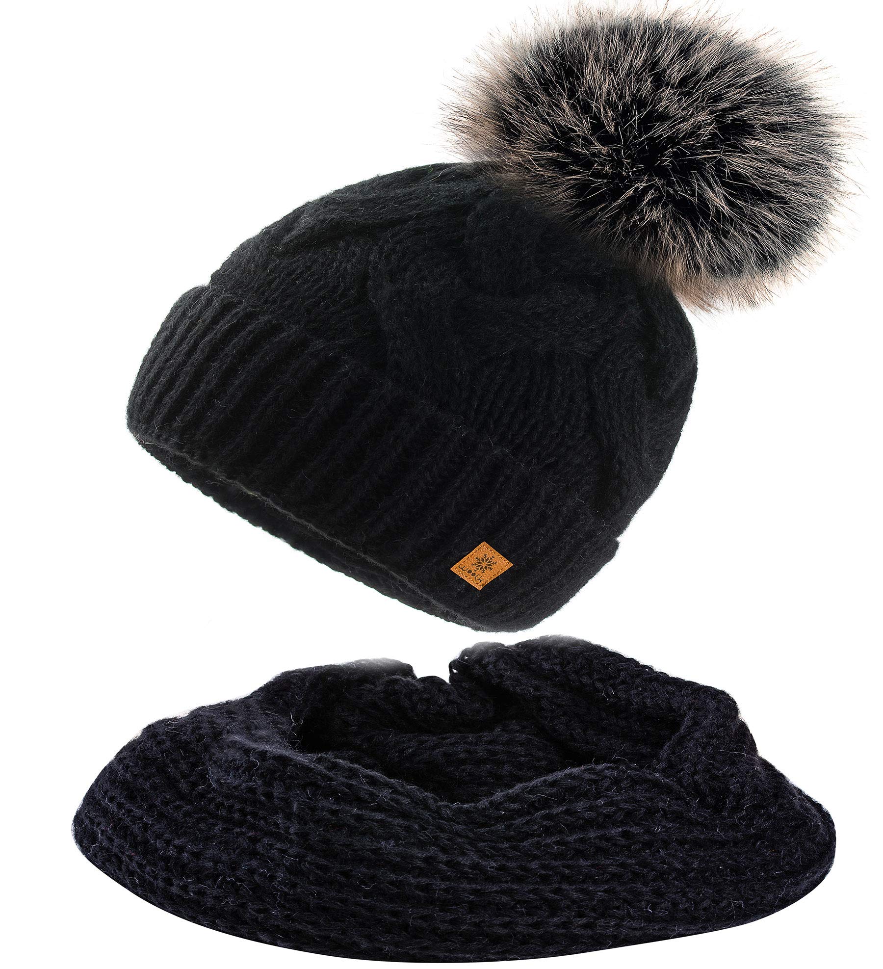Set Scarf & Hat Mohair Wool Women Winter Beanie Hat Worm Neck Knitted Hats Fleece Pom Pom MFAZ Morefaz Ltd (Black Set Hat&Scarf)
