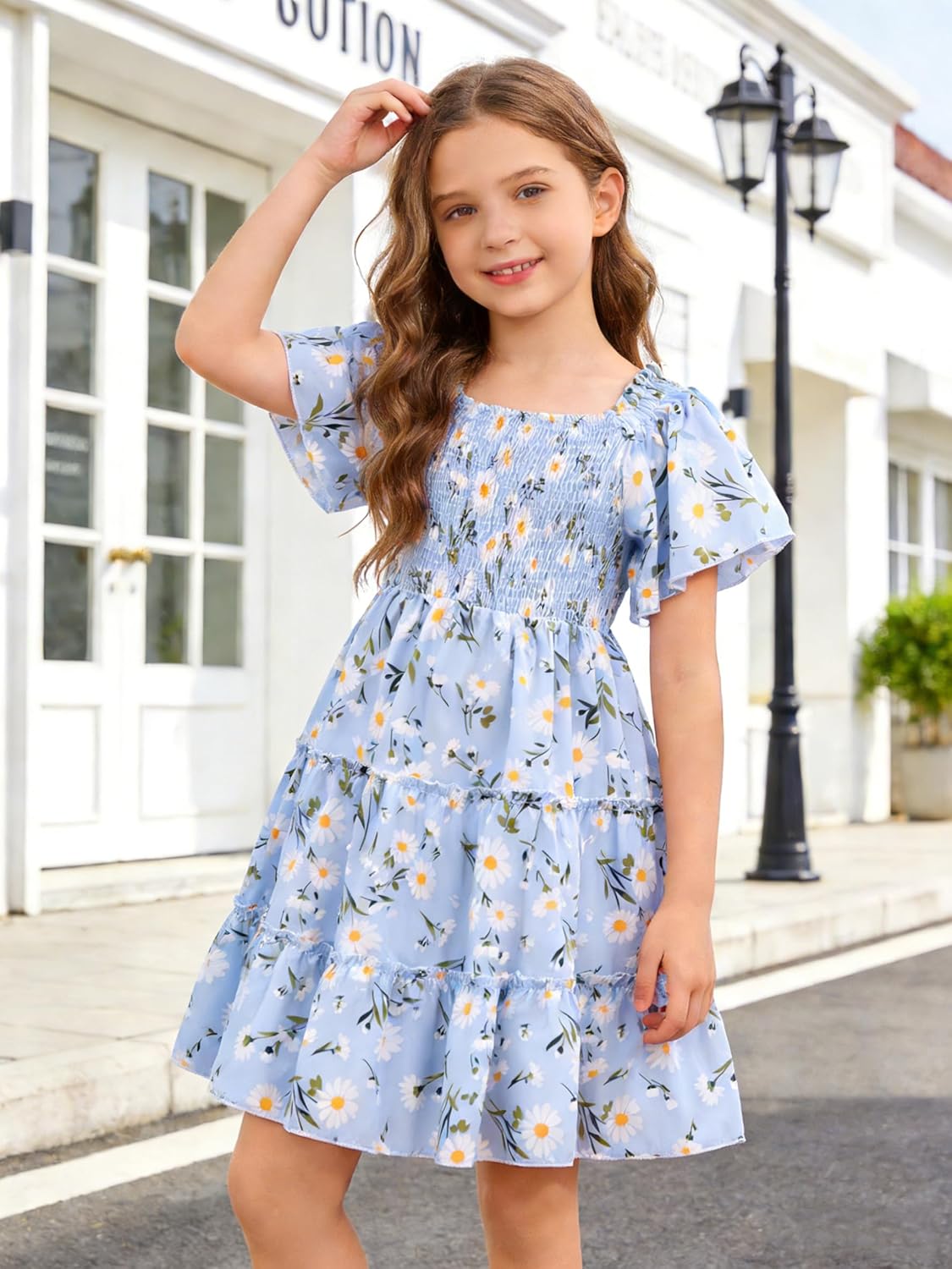 Girls Summer Dress Midi Casual Ruffle Flowy Square Neck Swing Tiered Smocked Tween Dresses for 6-15 Years - Image 2