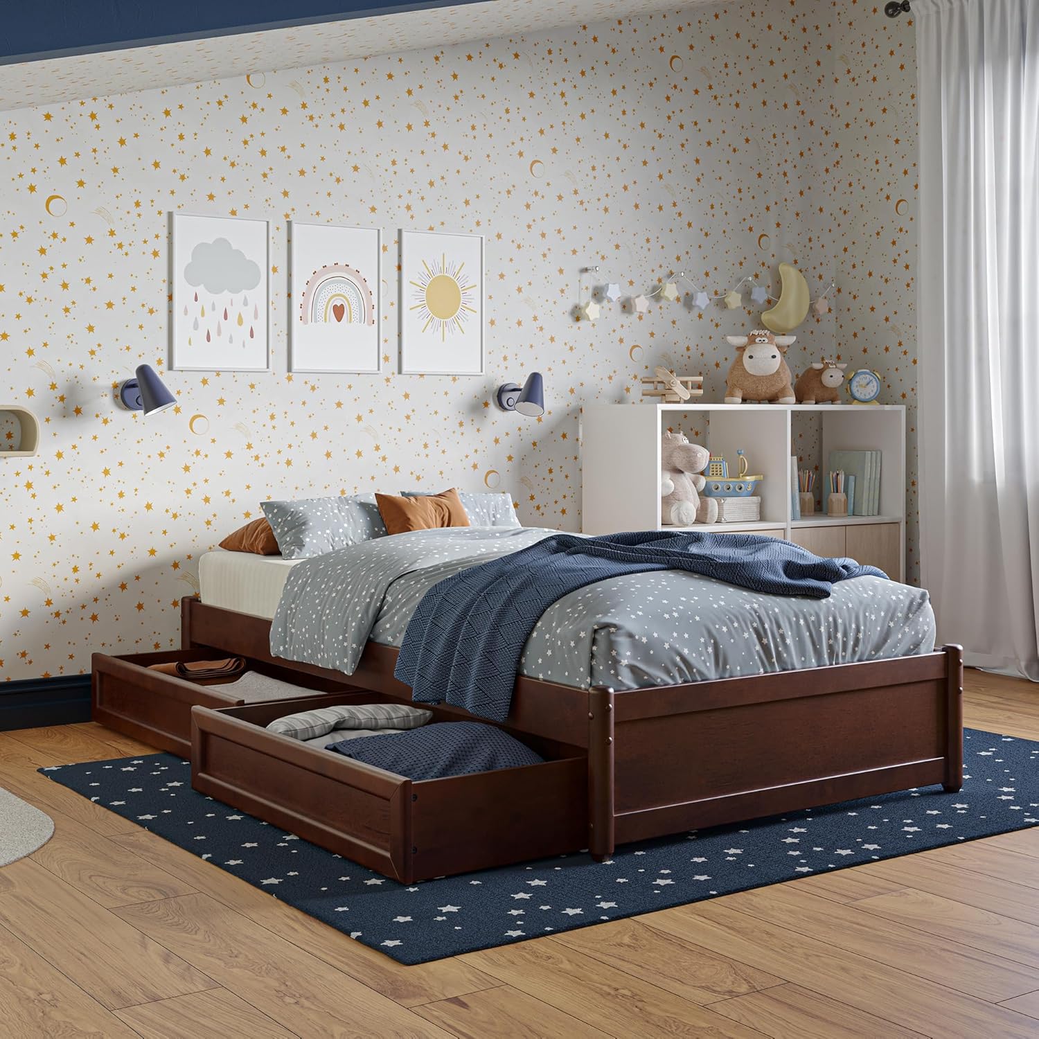 AFI, Barcelona Twin Panel Platform Bed with Storage Drawers, Walnut