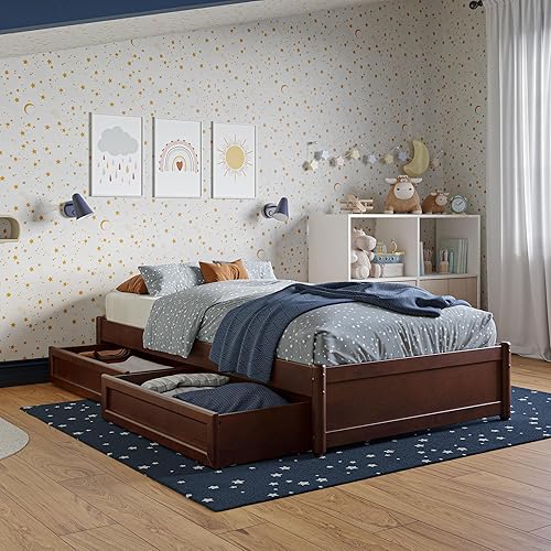 Barcelona Twin Panel Platform Bed with Storage Drawers, Walnut