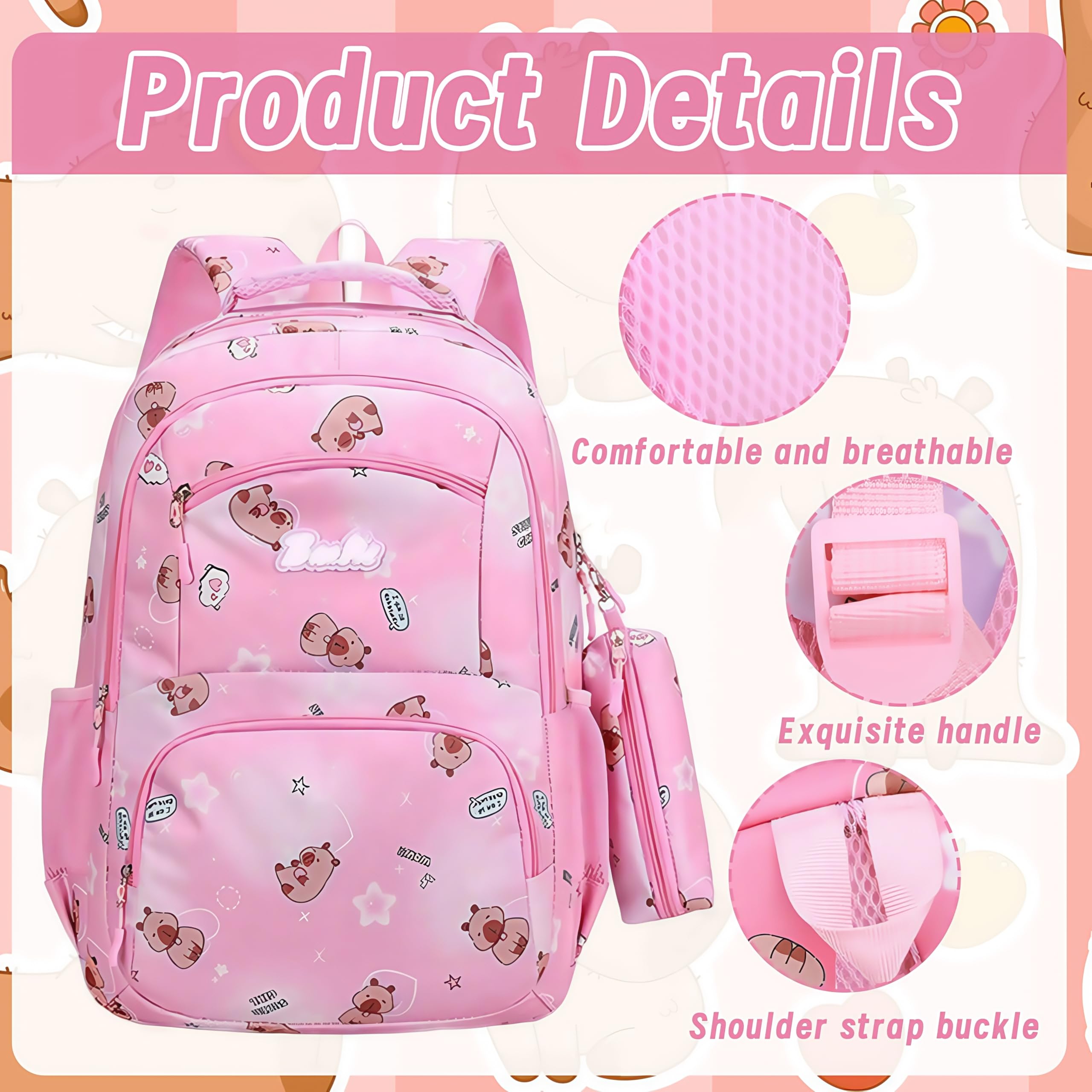 Zaino Scuola Bambina Rosa con Trousse Coordinata Stampa Capybara 3 Scomparti Grandi Tasche Interne Spallacci Regolabili Zaino Oxford Impermeabile per Scuola Elementare Asilo Bambine (Rosa)