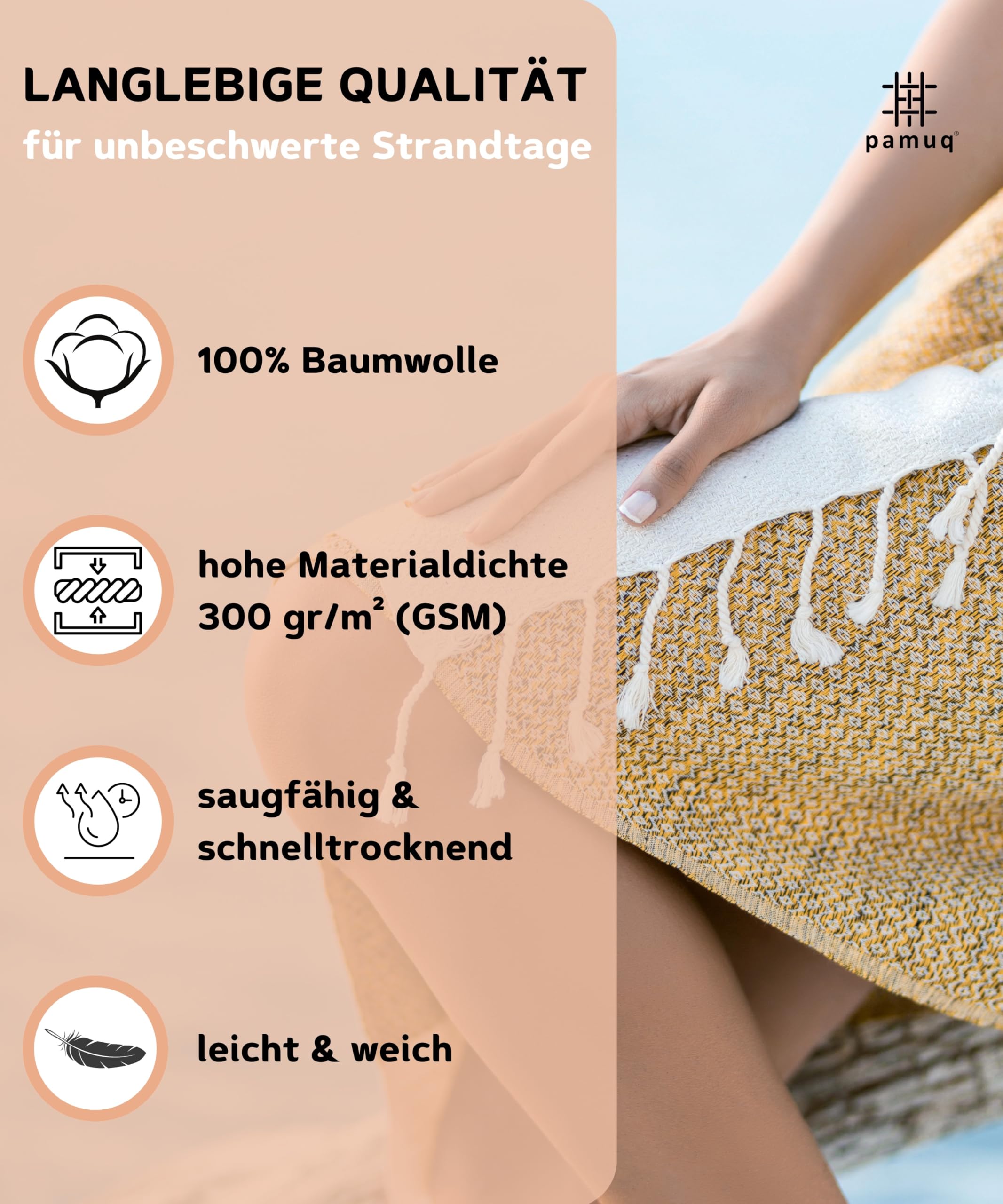 pamuq® Strandtuch XXL – Hamamtuch, Saunatuch, Badetuch & Duschtuch aus Baumwolle, handgemacht, leicht, saugstark, schnelltrocknend… – Ansicht 3