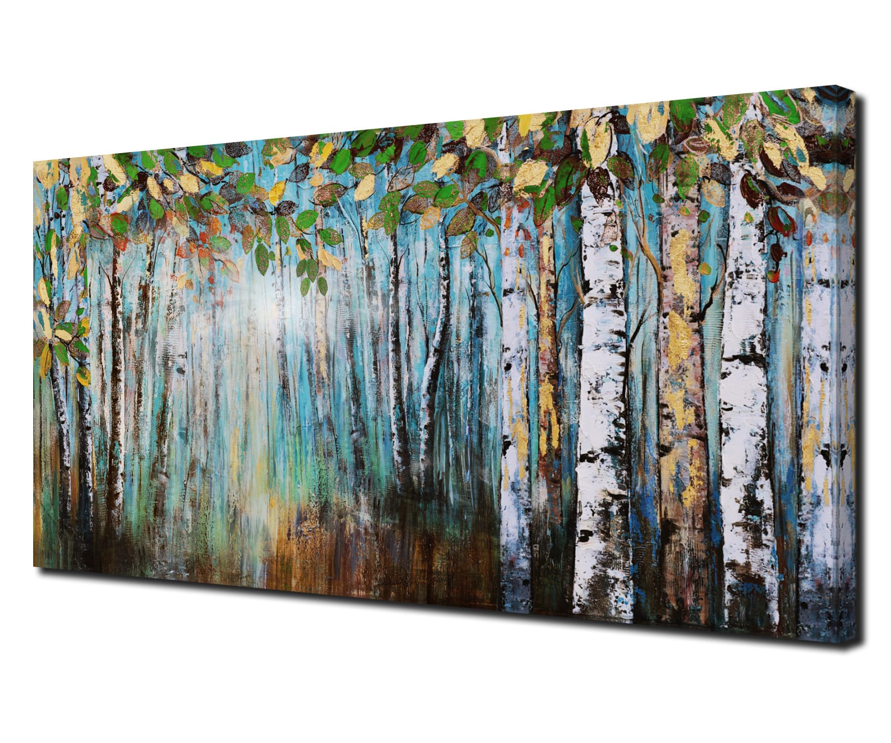 Anolyfi White Birch Trees Canvas Wall Art Forest Painting Nature Landscape Panoramic Picture, Abstract Gold Textured Artwork Framed for Living Room Bedroom Bathroom Office Home Large Decor 40"x20"