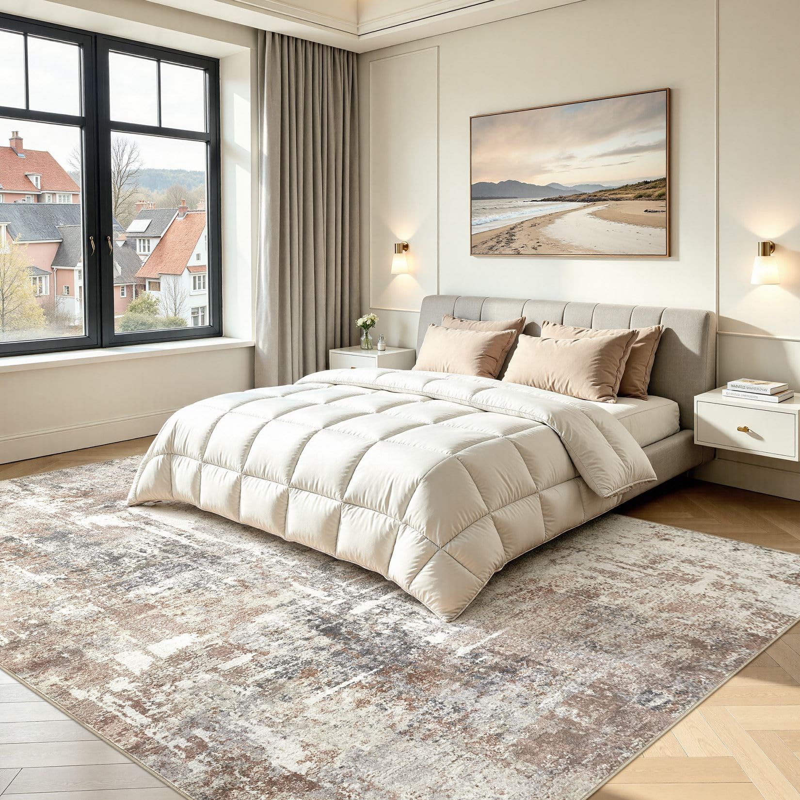 DMOYEST Teppich Wohnzimmer 160x230cm Abstrakt Grau Braun Modern Waschbar | Rutschfest und Weich, Kurzflor für Schlafzimmer Kinderzimmer Büro, Haustierfreundlich, Saugrobotergeeignet