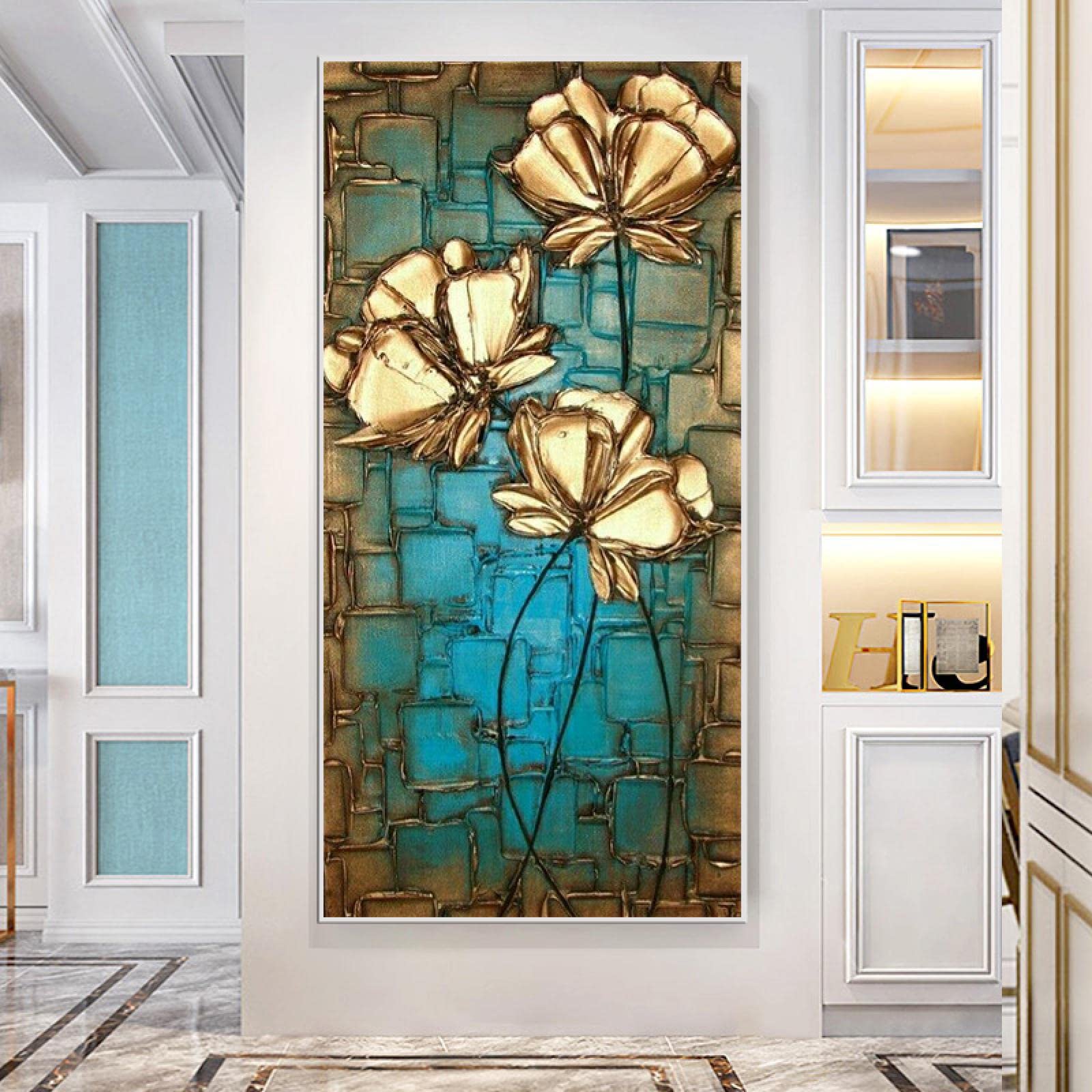 Décoration mariage fleur dorée affiche abstraite salon moderne grand format 80x160