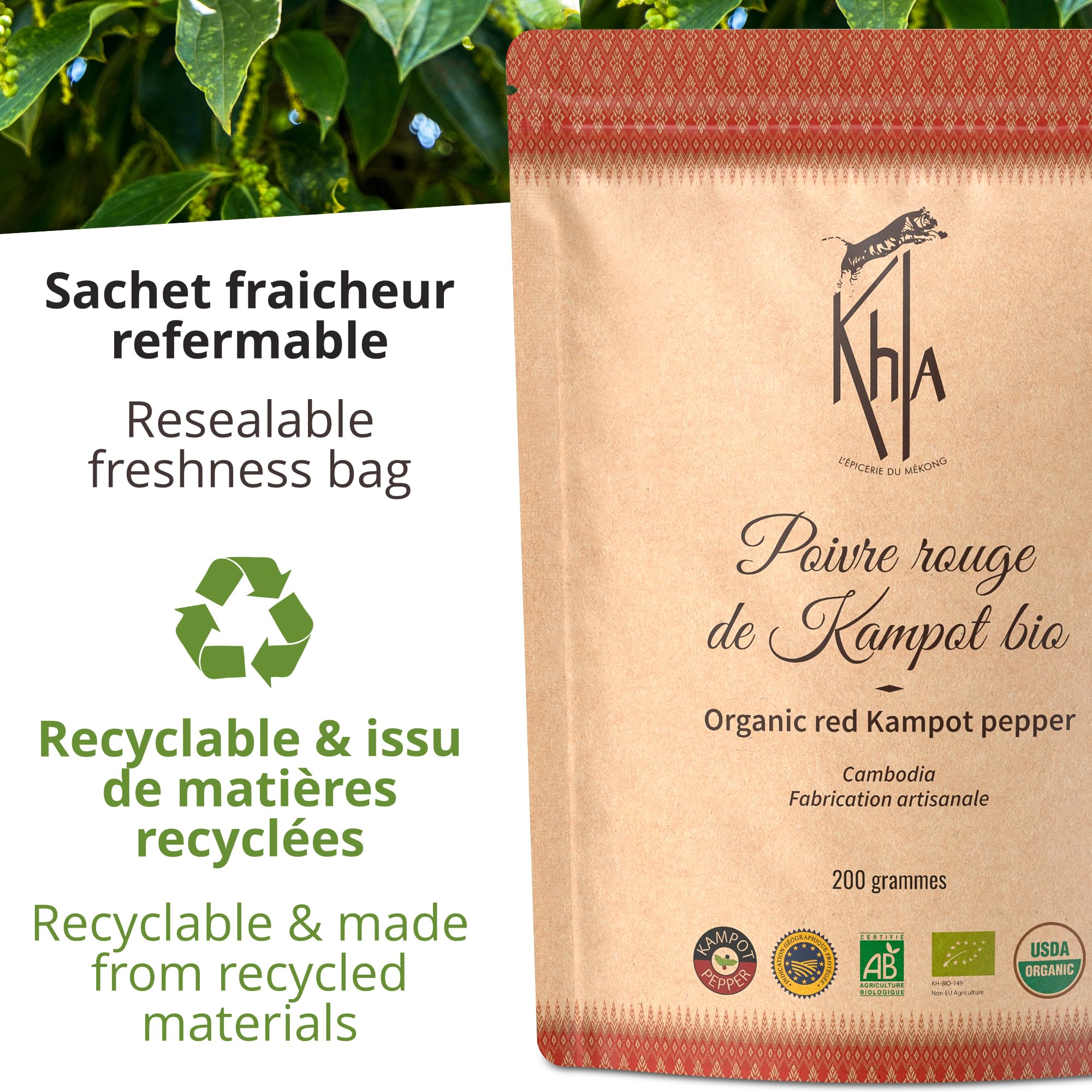 Khla - Poivre Rouge de Kampot Certifié Bio 200 g - Sachet Poivre en Grains Biologique - Grand Cru, Doux & Fruité - Ingrédient Cuisine - Direct Producteur - Épice Asie - Origine Cambodge