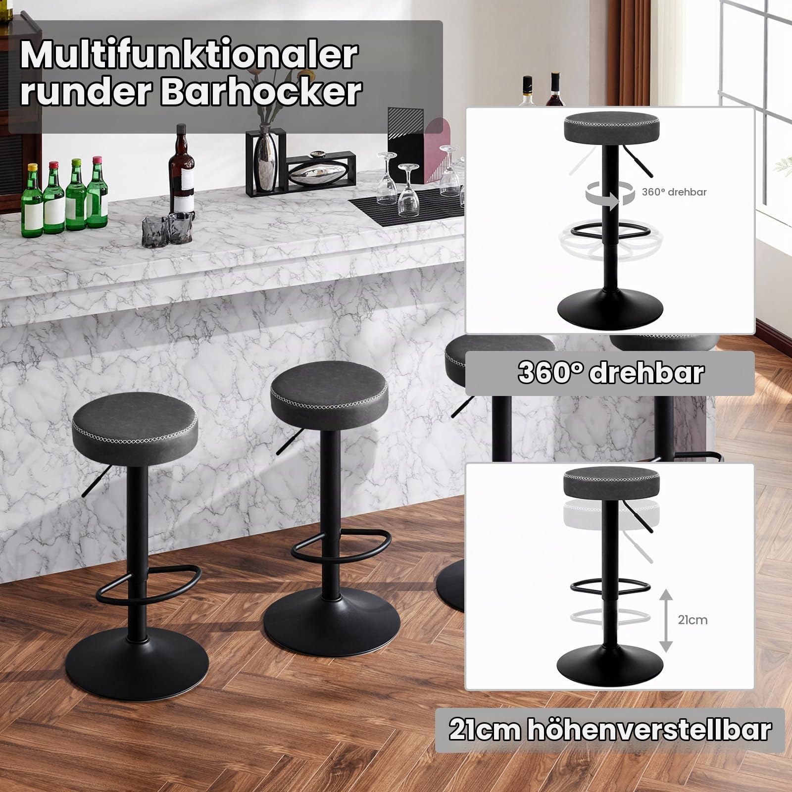 EUGAD Barhocker drehbar, runder Hocker höhenverstellbar, Küchenhocker mit Fußstütze, Tresenhocker Vintage-Kunstleder, für Bar Kücheninsel Bistro, Anthrazit, 1086BY-1