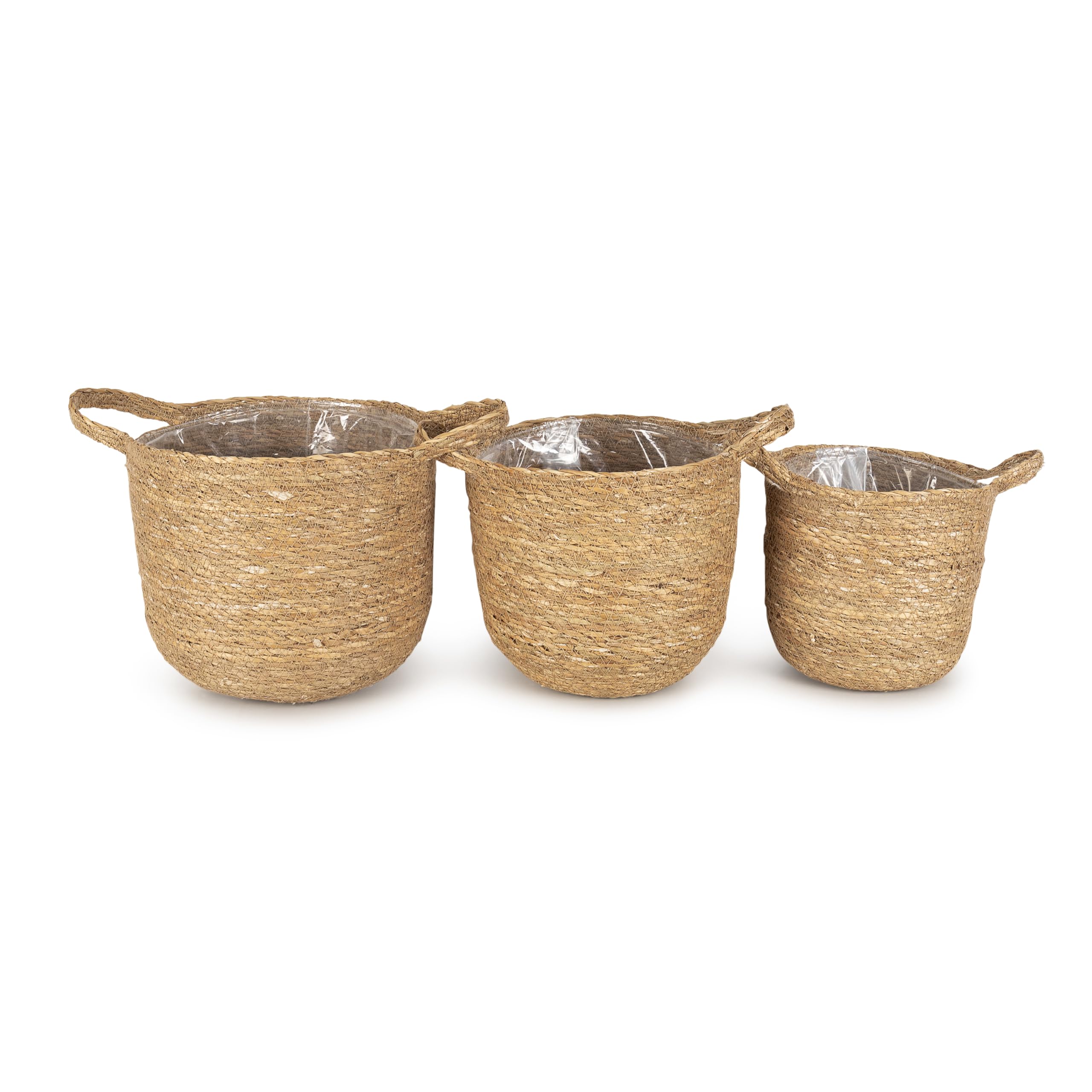 Olly & Rose Lot de 3 paniers de fleurs d'intérieur de qualité supérieure – Paniers en jonc de mer naturel tissé avec doublure pour plantes de petite et moyenne taille