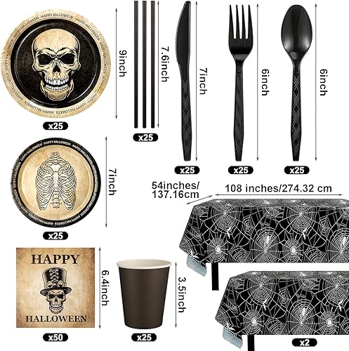 Miniatura 2 de Sliner 227 piezas de suministros para fiesta de Halloween, juego de vajilla de Halloween, incluye 50 platos de papel, 2 manteles de plástico de