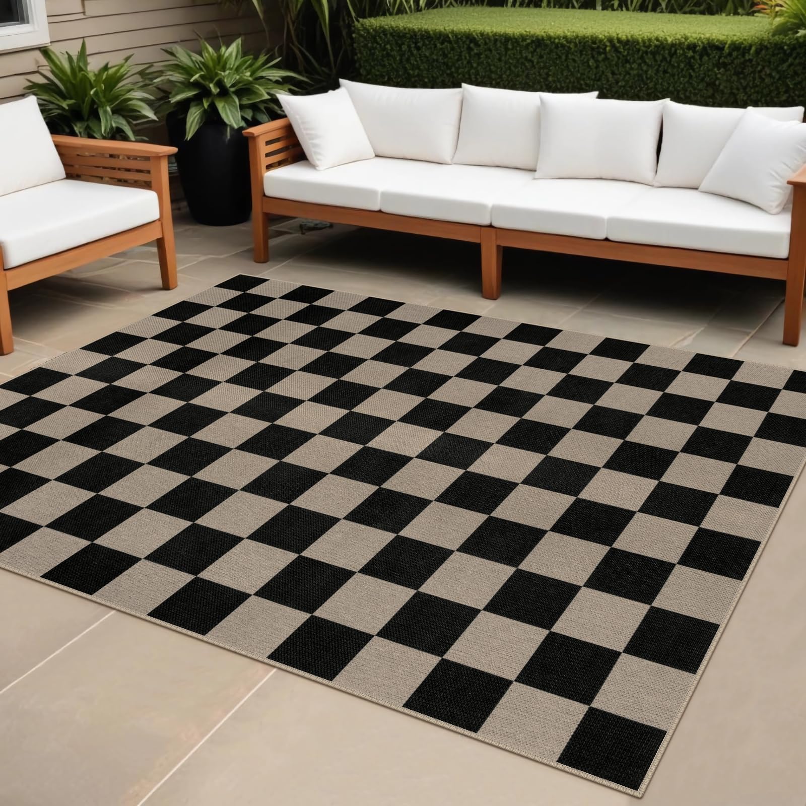 Rugalia Easy Jute Black Checkered 5x7 Area Rug, Washable Modern Rugs for Living Room Non-Slip Checkerboard Bedroom Rug, Farmhouse Indoor Outdoor