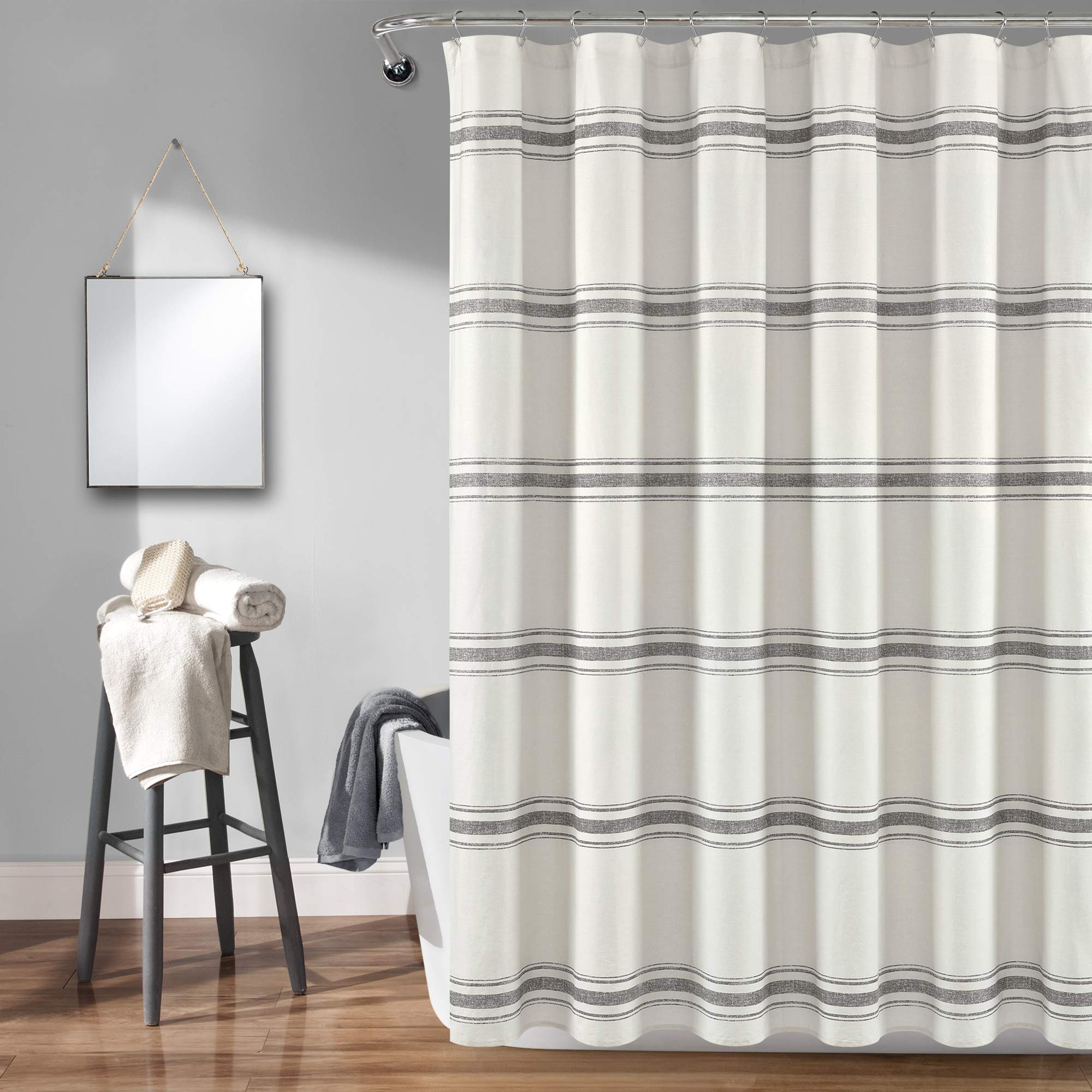Rideau de douche à rayures de style ferme lavable et imperméable gris, 183 x 183 cm