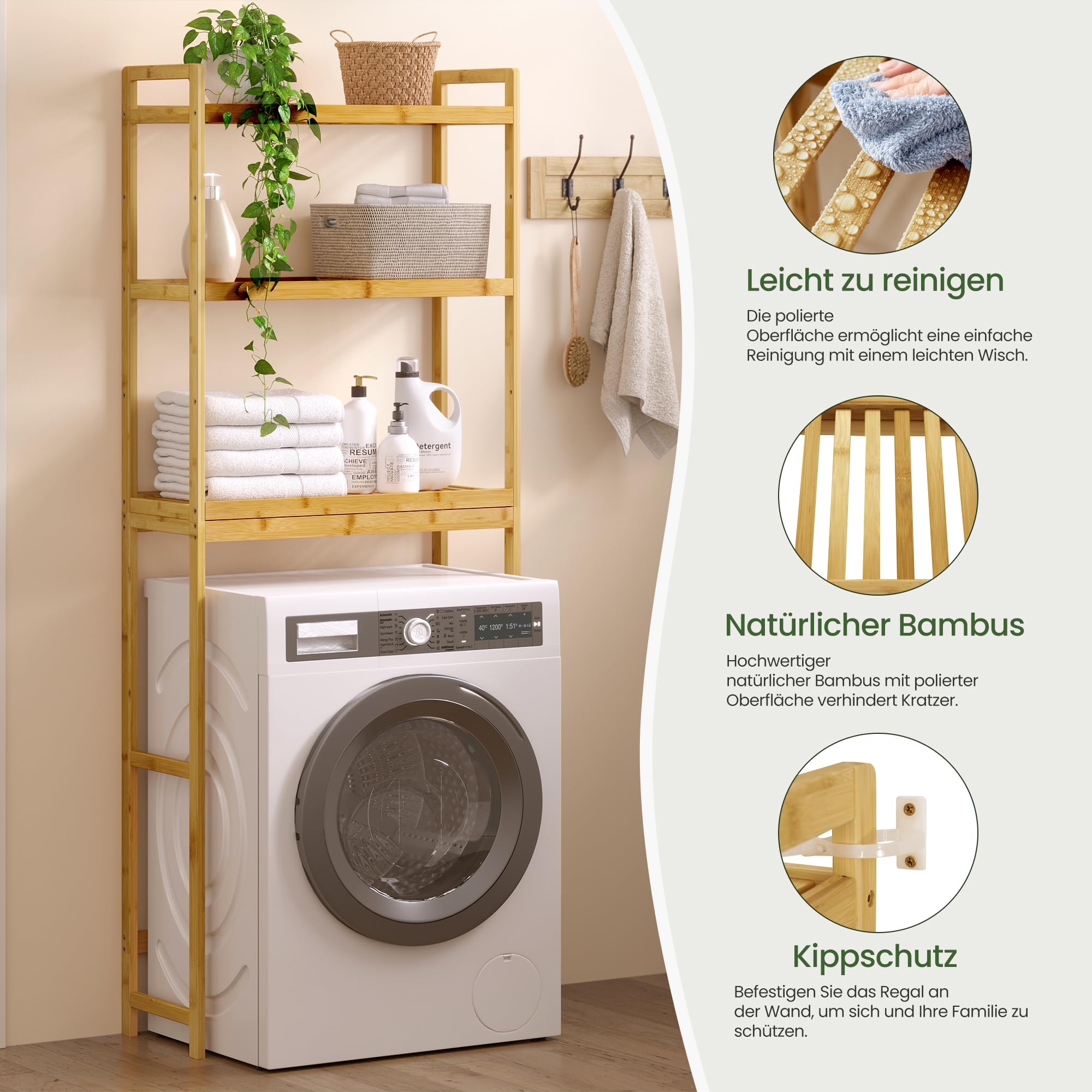 EUGAD Badregal Waschmaschinenregal Toilettenregal aus Bambus, schmales Badschrank Badmöbel mit 3 Ablagen, verstellbaren Regalen, für Badezimmer, Küche, Balkon, Naturfarben
