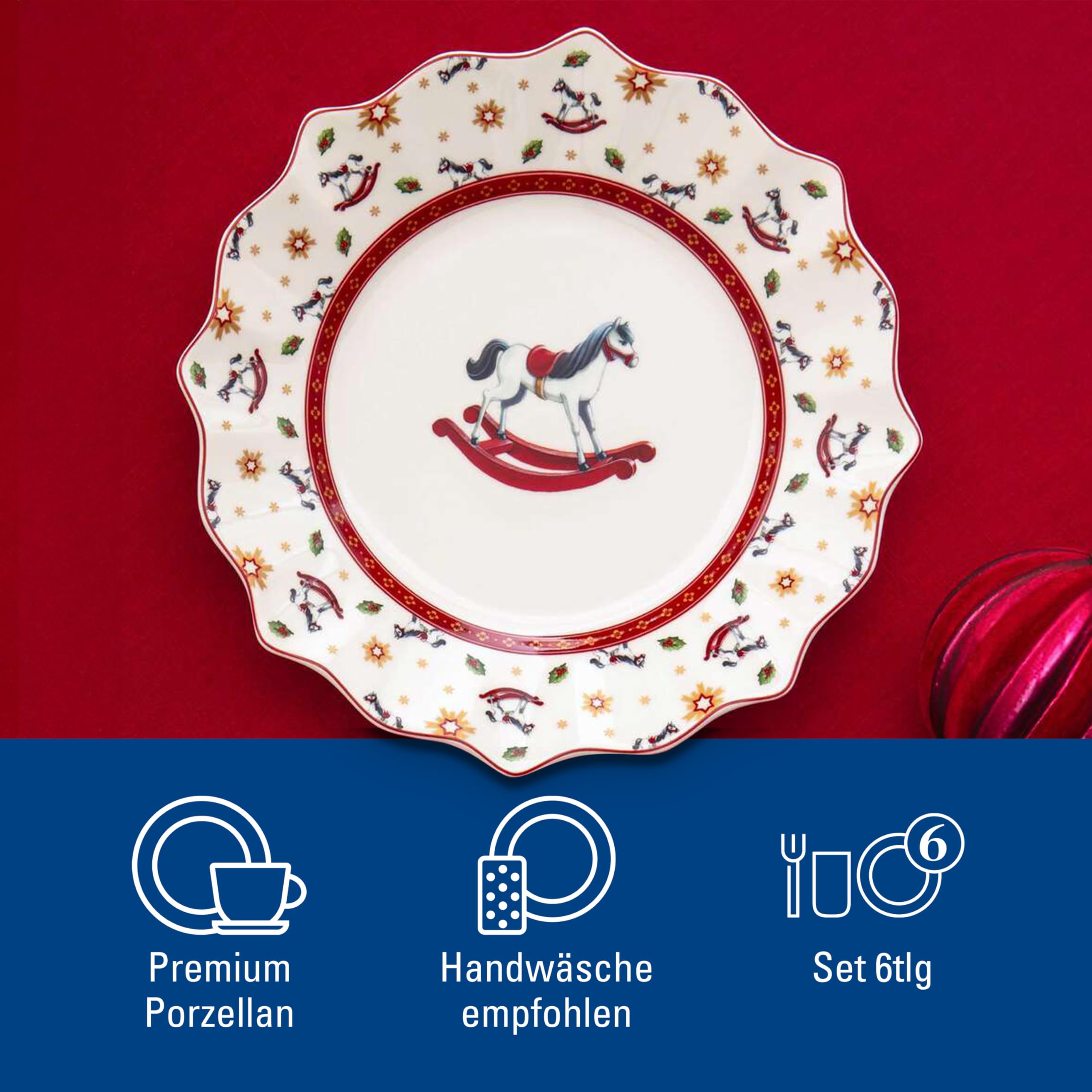 Villeroy & Boch - Toy's Delight Frühstücks-Set für 2 Schaukelpferd 6 teilig Bunt, Weihnachten, Geschirr Set mit Frühstückstellern, Tassen und Schüsseln, Weihnachtsgeschirr, Premium Porzellan