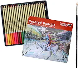 Lucky Art 24 lápis de aquarela profissional, com um pincel e caixa de lata - 24 lápis de cor de água para crianças e adultos - lápis de aquarela para crianças, lápis de cor