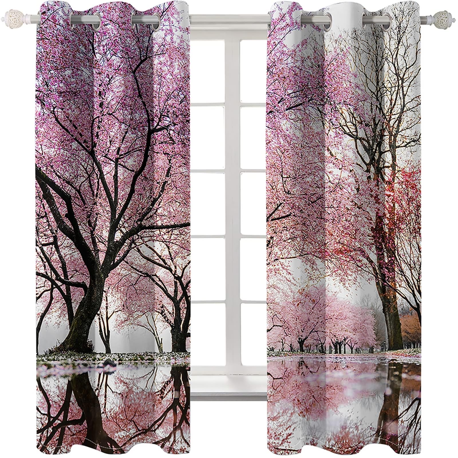 Gualiy Wohnzimmer Vorhänge, Vorhänge Blickdicht 107x138cm Kirschbäume Ösenvorhang Verdunkelung 2er Set