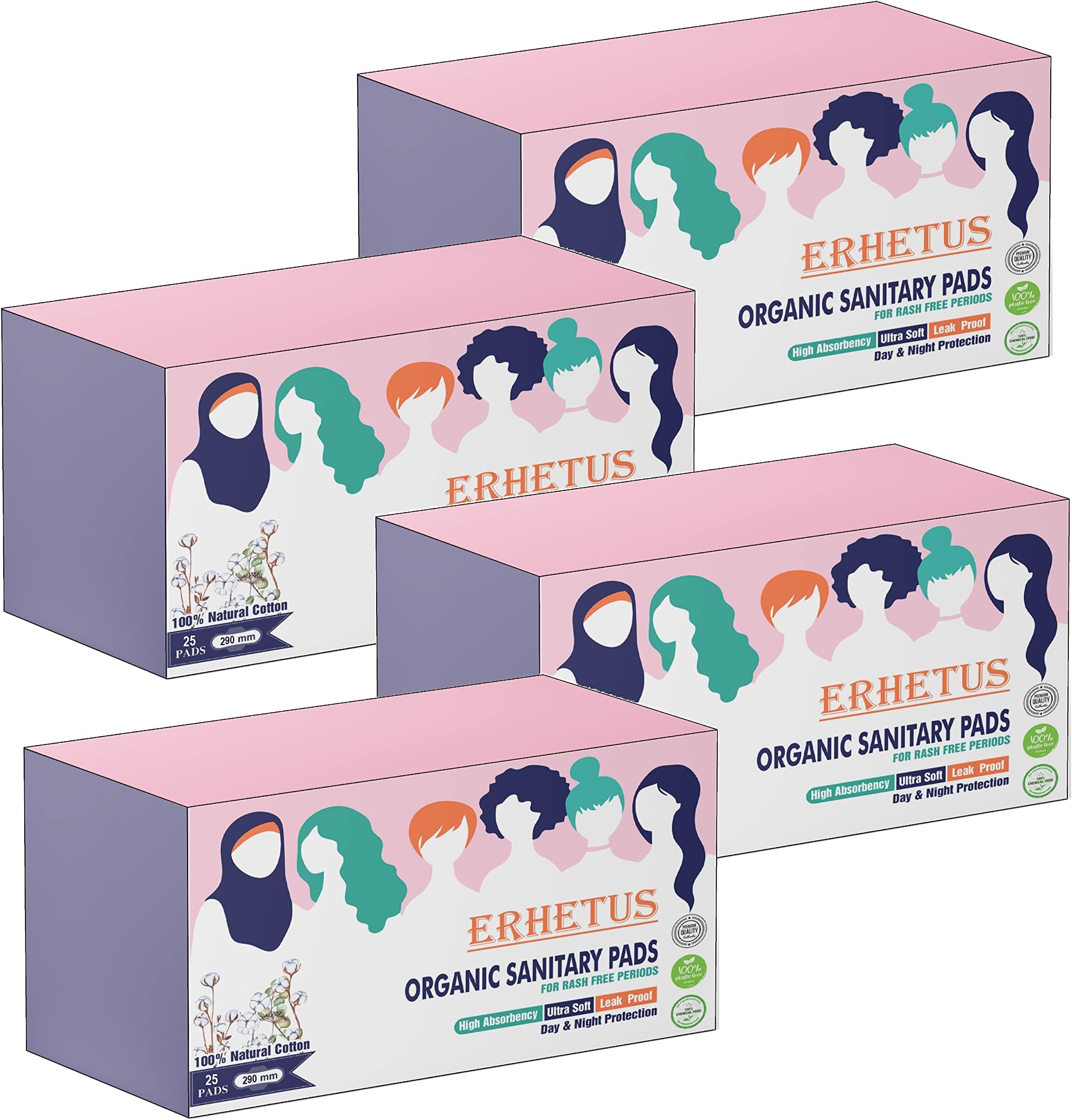 ERHETUS Biodegradable Bamboo Sanitary Pads for Women, Pure Organic Cotton Base Sanitary Napkins | Chemical & Fragrance Free, Soft, Ultra-thin, High Absorbent - 100 Pads (XL, 290mm, Pack of 4*25 pad)