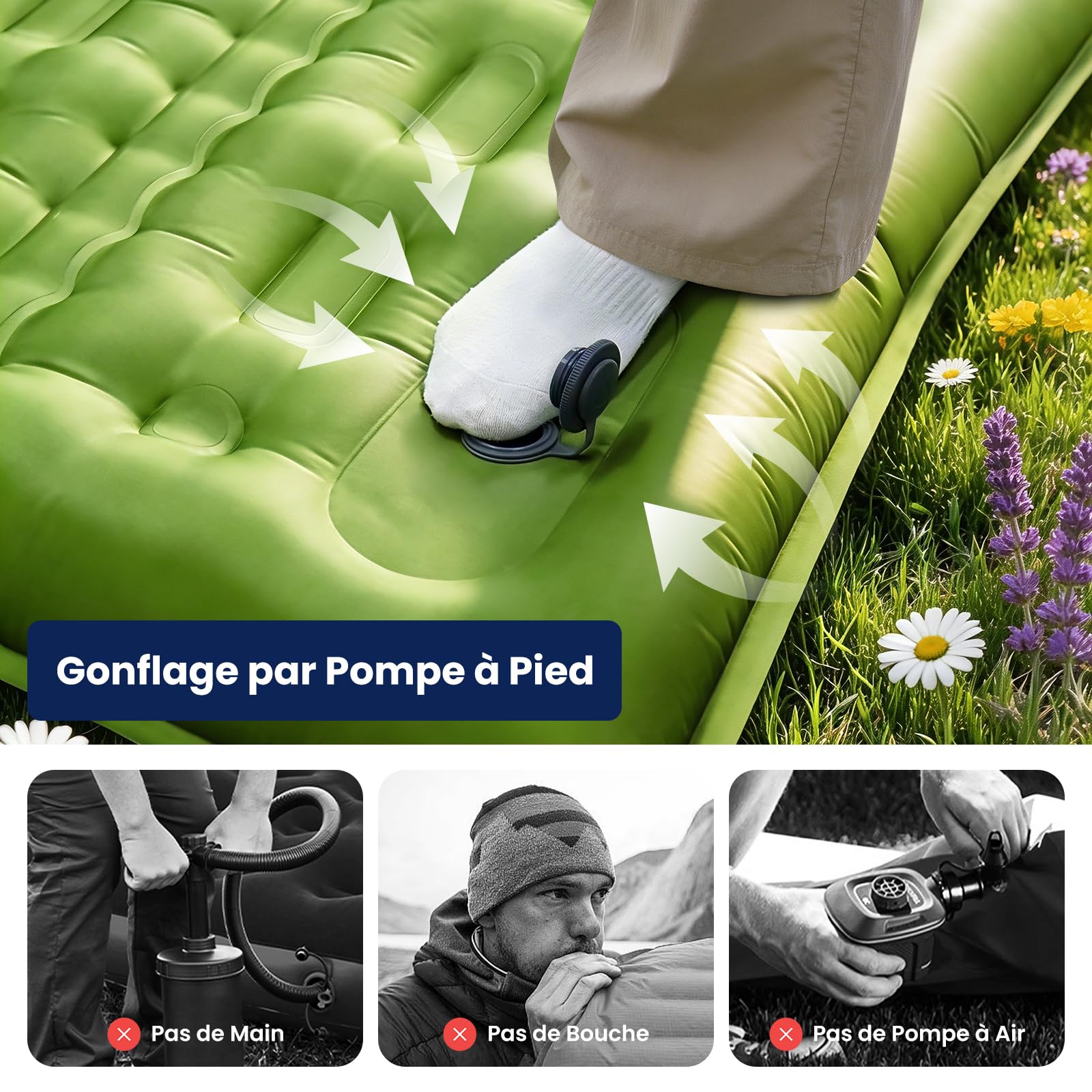 Matelas autogonflant 1 personne de Camping, 12CM Portable Tapis de Autogonflant Ultra Léger, avec Pompe à Pied et Oreiller Intégrés, Anti-Fuite, Adapté à la Randonnée, au Camping et à la Plage