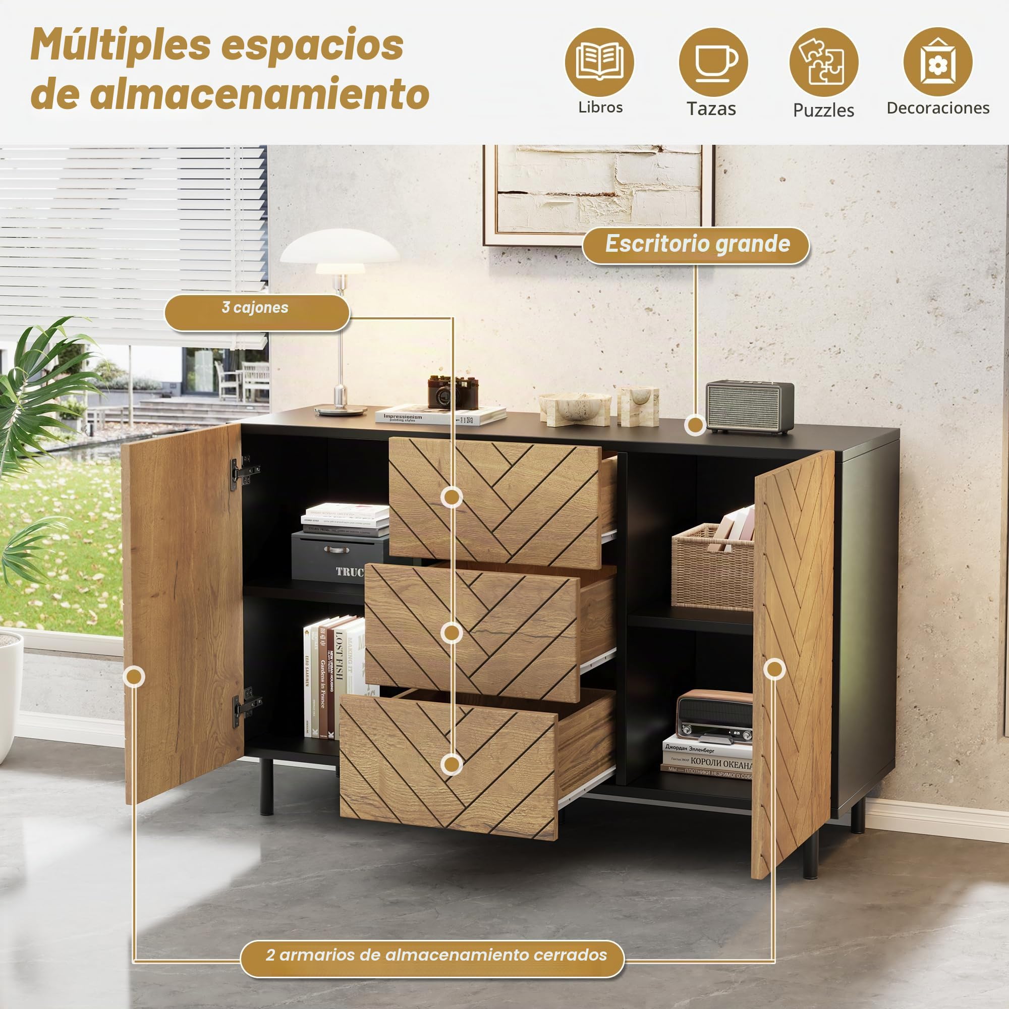 Aparador de madera natural, 120 × 40 × 76 cm, de aglomerado, moderno armario de almacenamiento con 3 cajones y 2 armarios para salón, taquillas, cajoneras, tocador, cómoda