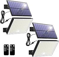 Vista 1 de 400 luces solares LED para exteriores, luces solares impermeables IP67 con cable de 16.4 pies, 3 modos y sensor de movimiento de control remoto, luz