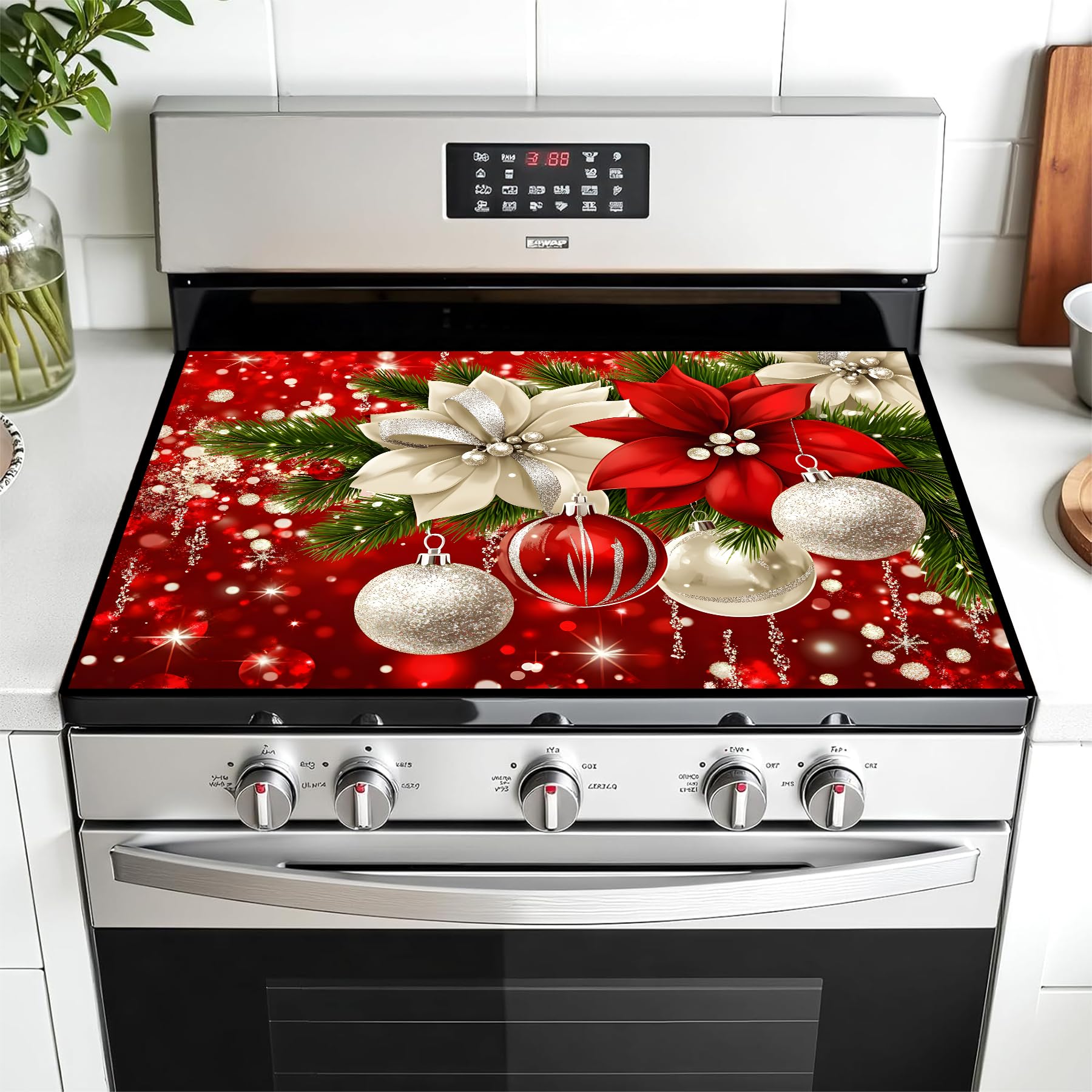 Christmas Multi-Design Stove Cover for Glass/Electric Stoves - 3-in-1 Heat-Resistant Protector Mat, Non-Slip Drying Rack 28"x20"