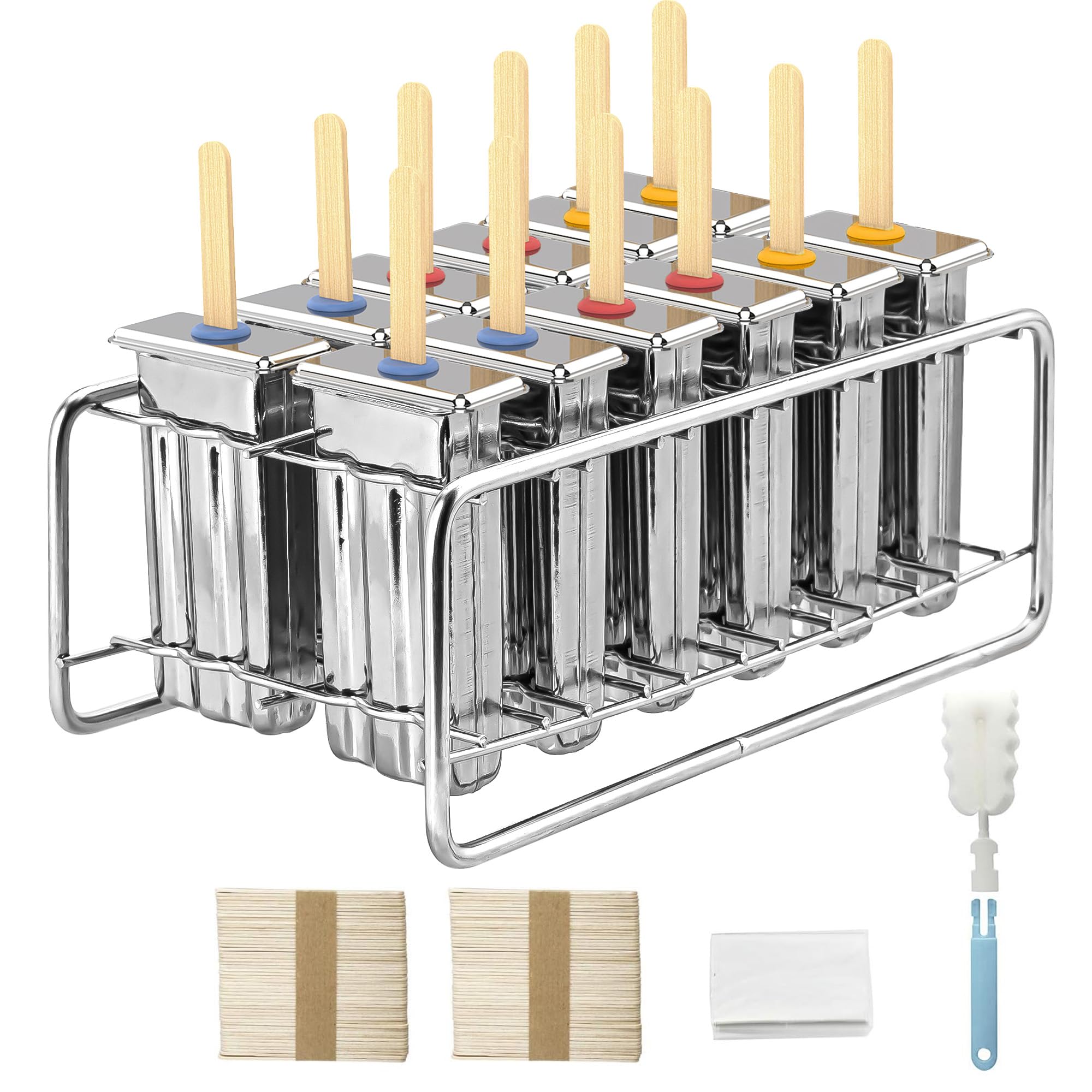 Lot de 12 moules à glace en acier inoxydable avec support, réutilisables à tête plate et à congélation rapide avec bâtons en bois et sacs