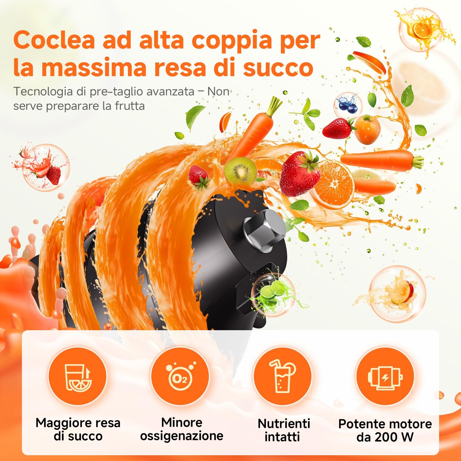 AOBOSI Estrattore frutta e verdura, 135MM XXL Grande Canale di Alimentazione per Frutta e Verdura Intere - Capacità 1,5L, 200 W Slow juicer, Triplo Filtro