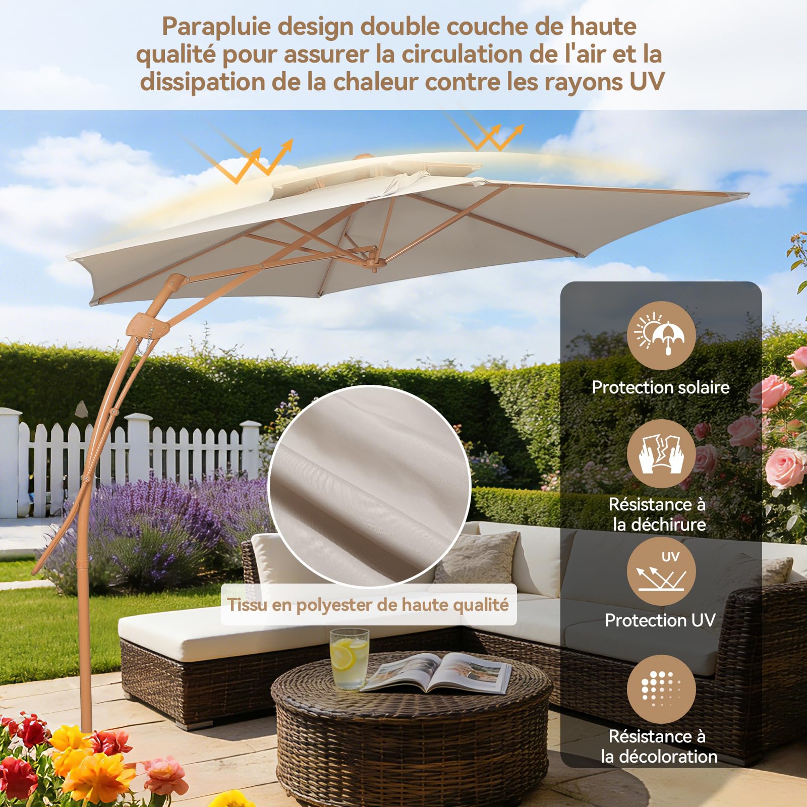 YOURLITE Parasol Déporté 3x3M,Parasol de Jardin Exterieur Beige
