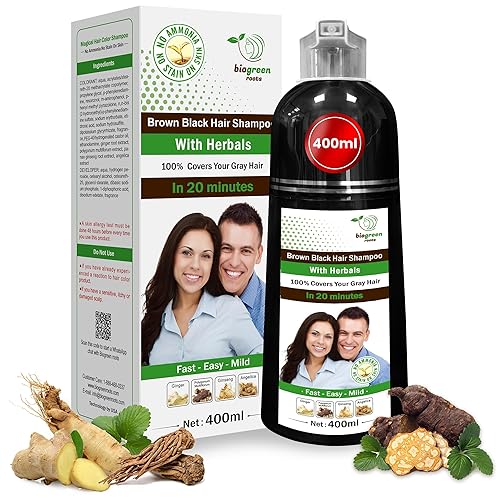 Biogreen Roots Champú 13.5 fl oz - Champú para el color del cabello marrón negro con hierbas - Cubre cabello gris para hombres y mujeres -