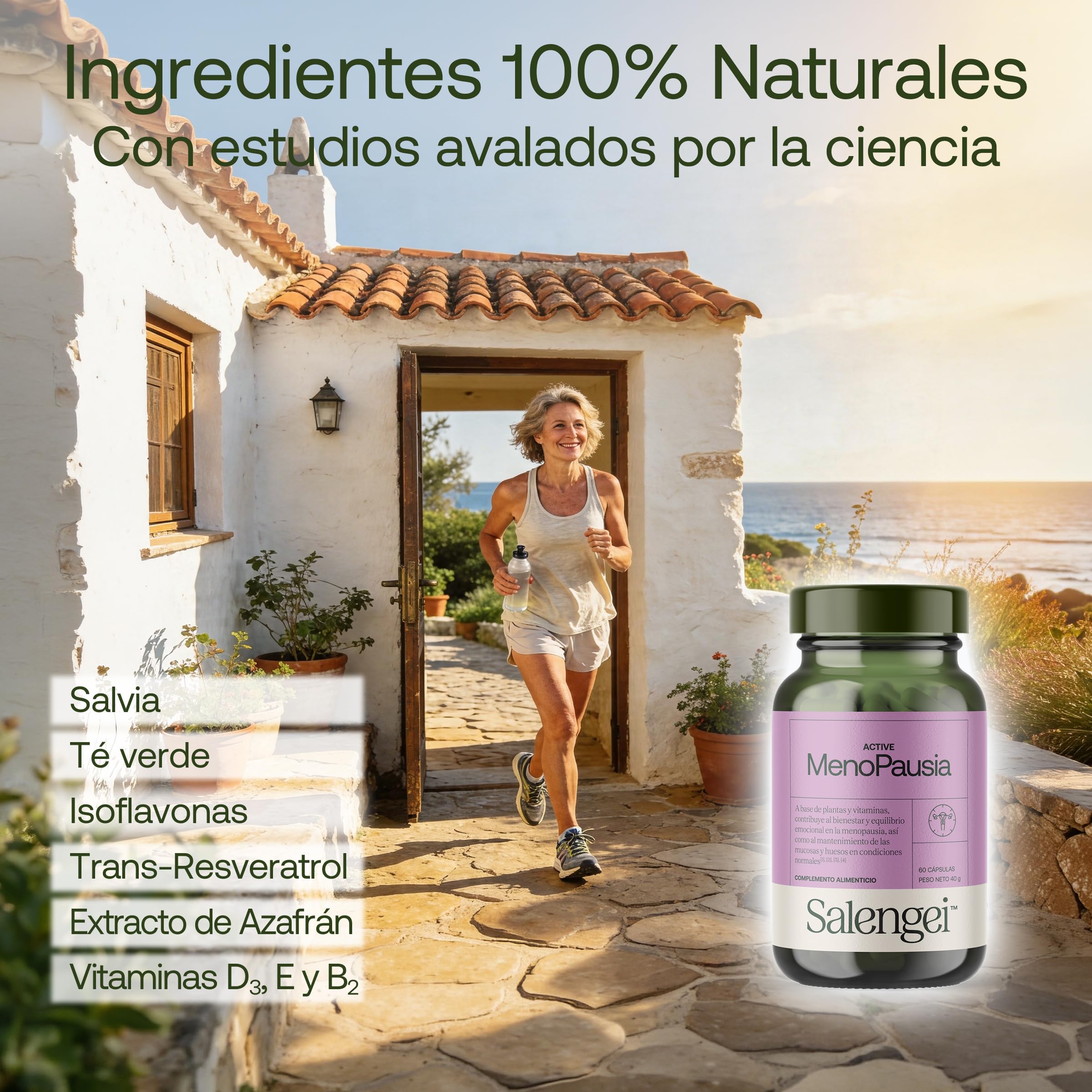 ACTIVE MENOPAUSIA – Salvia, té verde, isoflavonas de soja, resveratrol y vitaminas | Bienestar y equilibrio emocional en la menopausia | Salud ósea y nerviosa | 60 cápsulas de 667 mg
