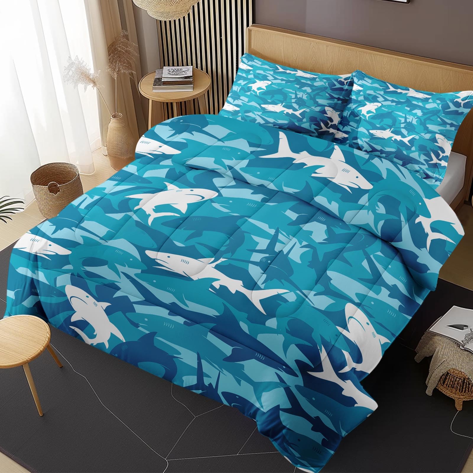 Nesphy Blue Shark Fish Full Comforter Set, Ocean Surf Camouflage Bedding Set 3 Piece, All Season Soft Toddlers Children Adults Bedroom Bed Decoration Comforter and 2 Pillow Shams