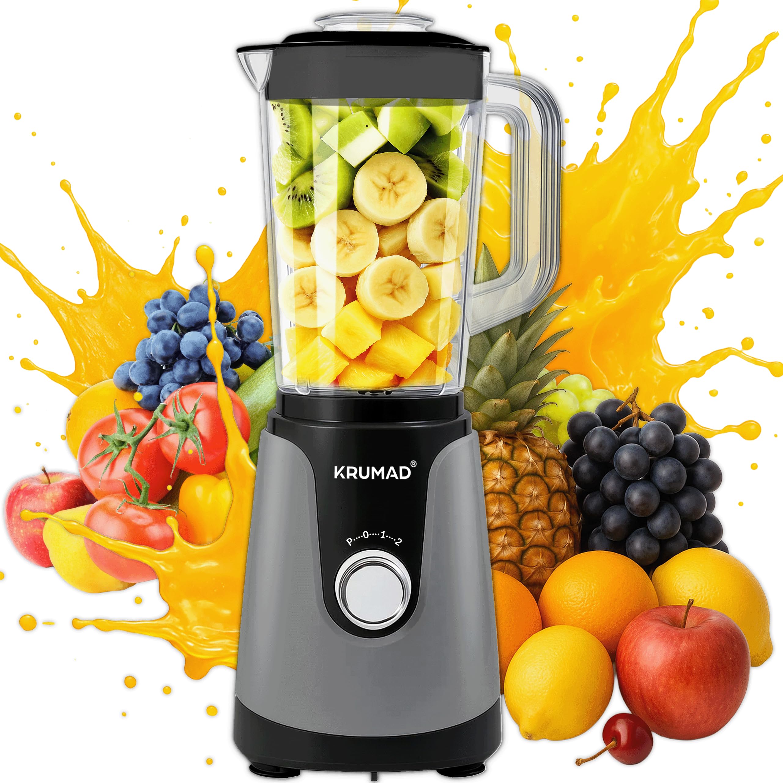 KRUMAD Blender kielichowy 1200W – Wysokowydajny blender z kielichem Tritan 1,2L (BPA Free), 2 prędkościami i funkcją pulsacyjną – Stalowe ostrza – Do smoothie, zup i koktajli