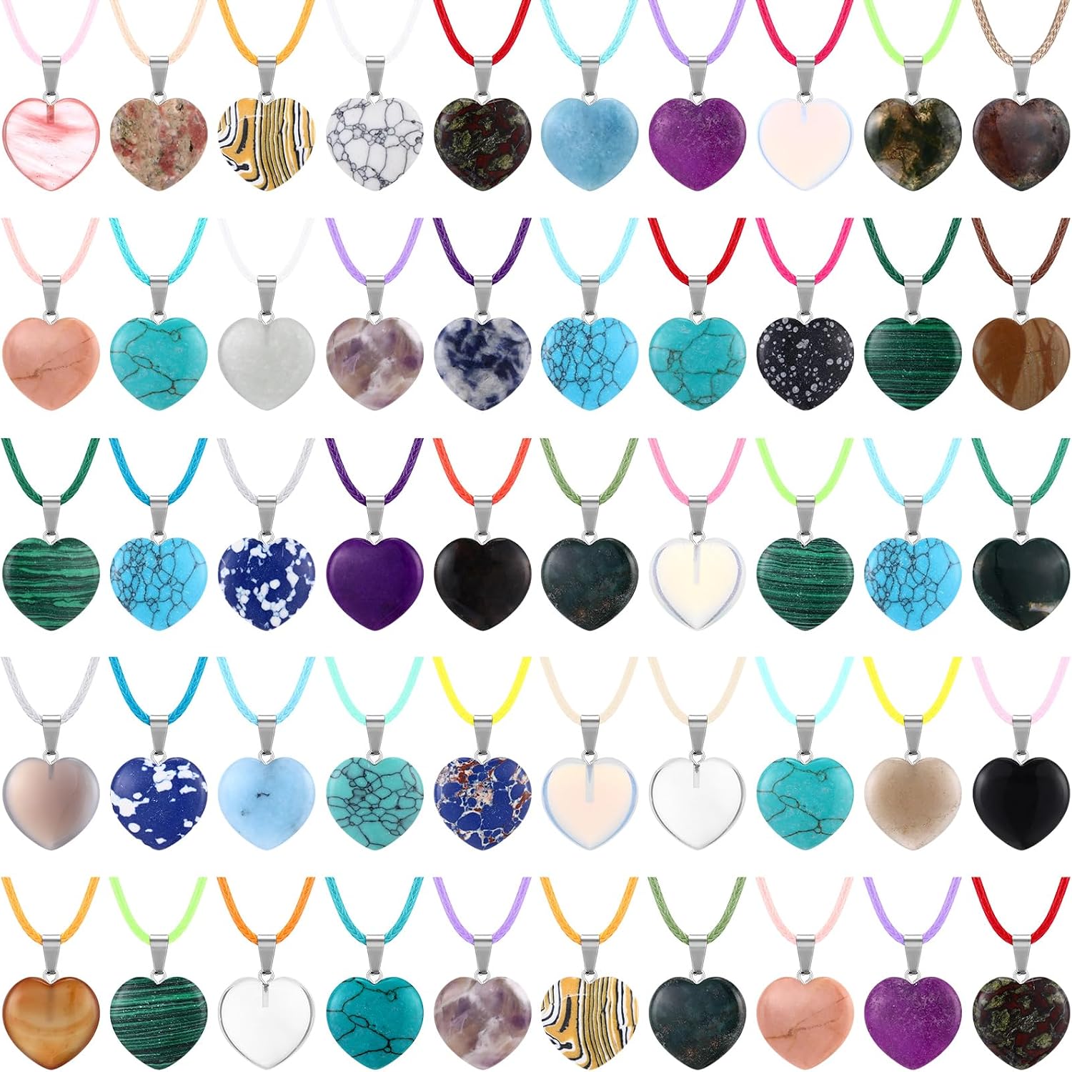 Hicarer Heart Shaped Crystal Pendants Heart Healing Charms Stone Necklaces Beads with Faux Leather Cord for Jewelry Crafts Making Supplies