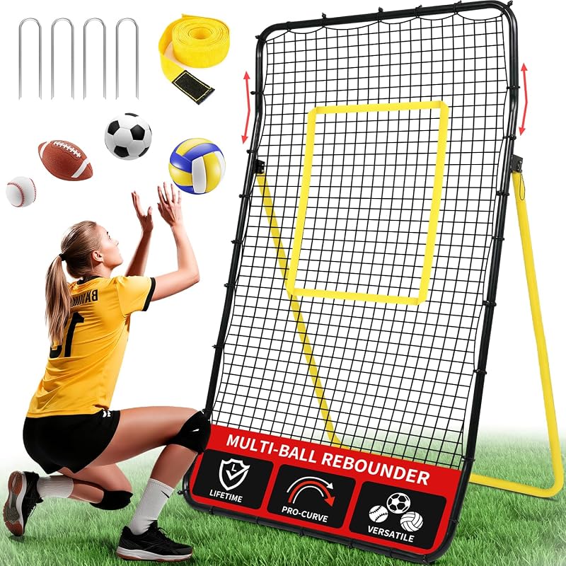 Volleyball Rebounder Net 7x4 Ft, Bounce Back Training Equipment with Unique Curved Frame for Better Catching, 5 Adjustable Angles for Volleying & Spiking, Easy Set Up & Sturdy Base